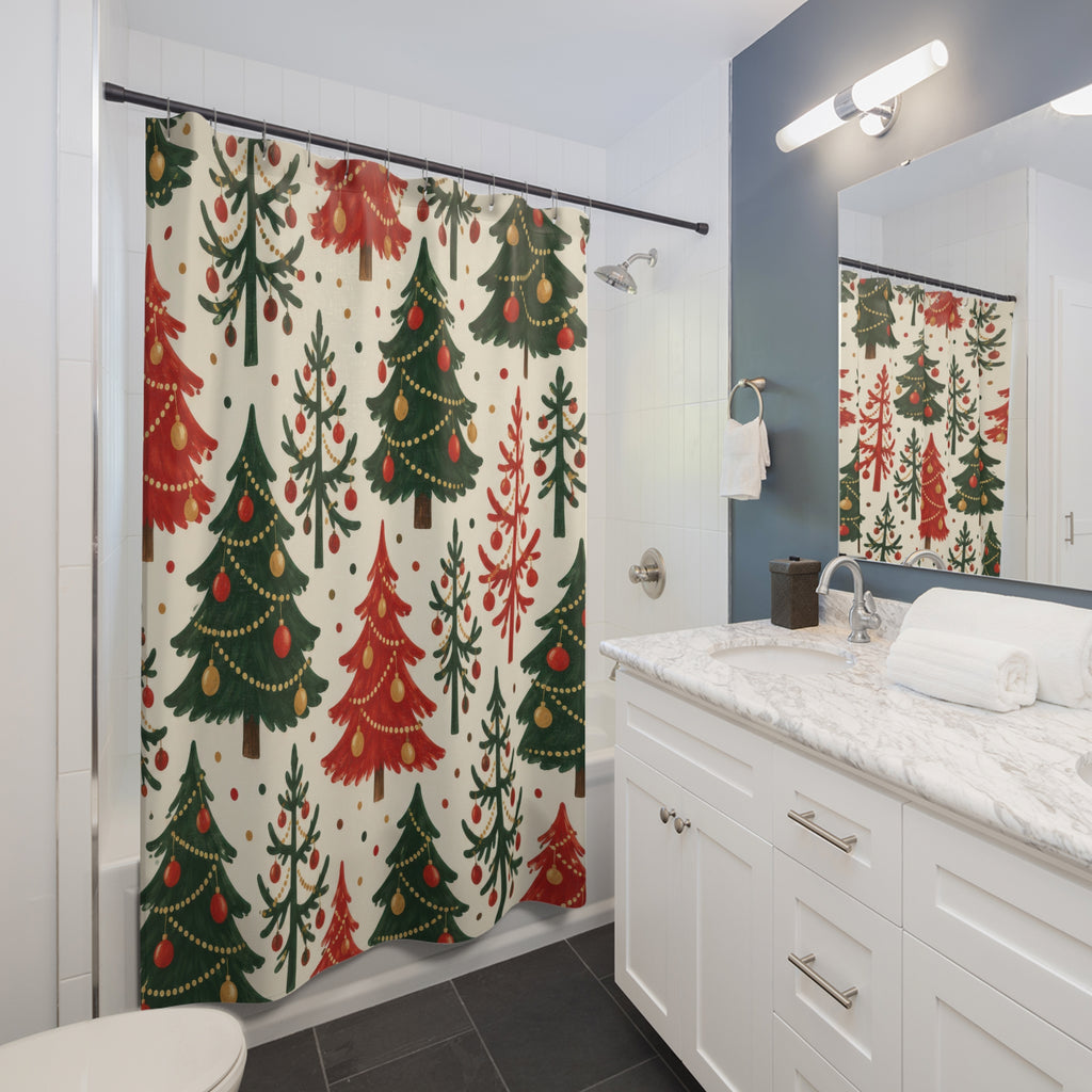 Red and green Christmas trees with gold garlands on ivory shower curtain beside a white vanity