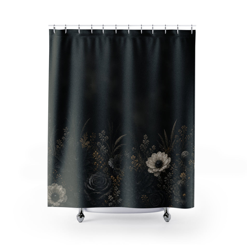 Nocturnal black garden with moonlit flowers and gold grasses shower curtain, full front view