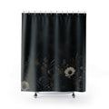 Nocturnal black garden with moonlit flowers and gold grasses shower curtain, full front view