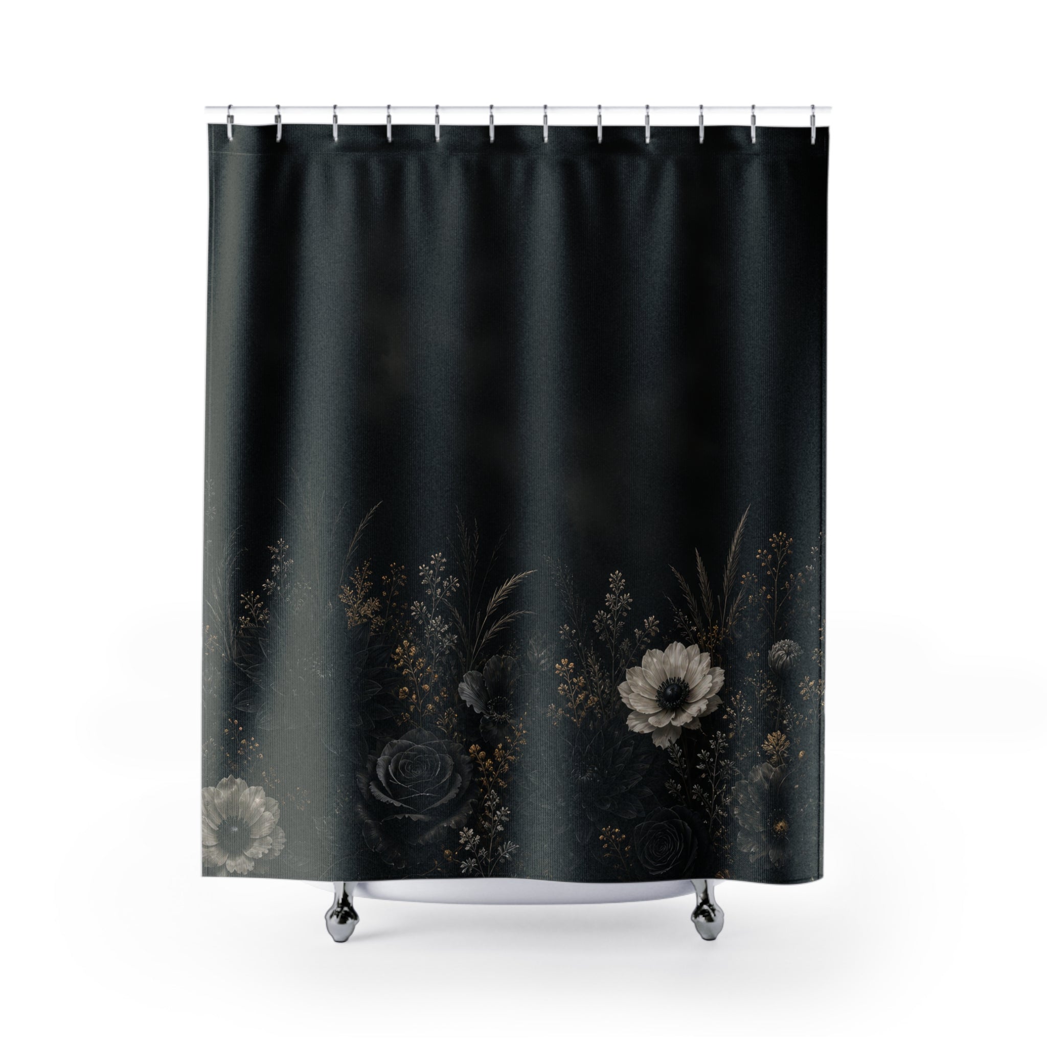 Nocturnal black garden with moonlit flowers and gold grasses shower curtain, full front view