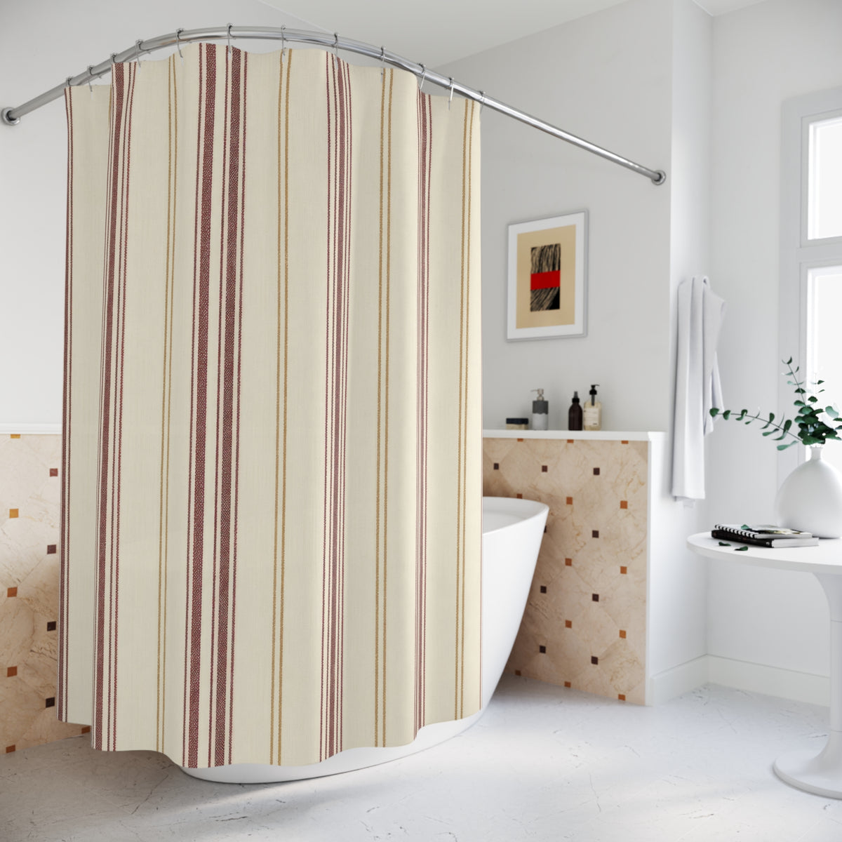 Burgundy Cream Ticking Stripe Shower Curtain