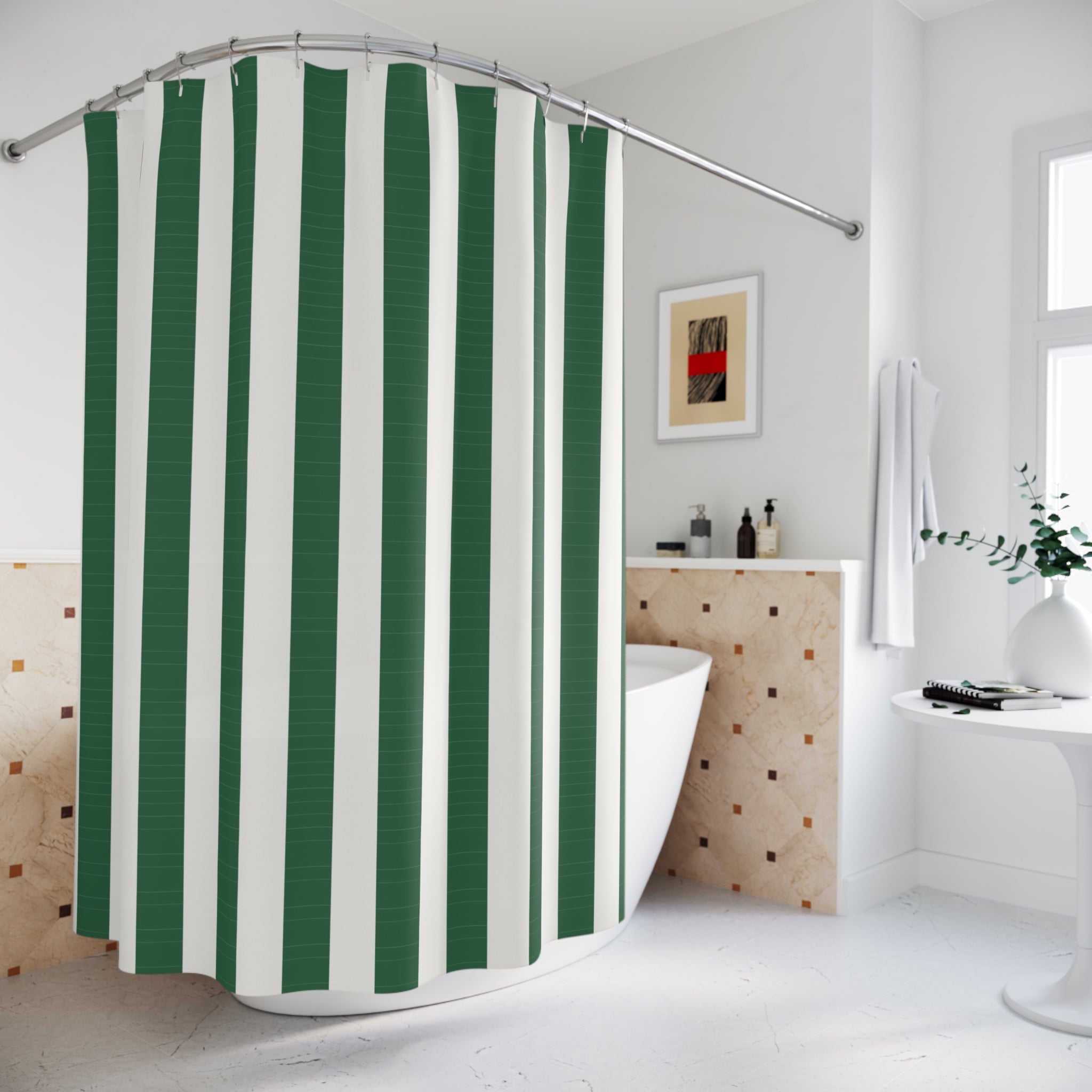 Green and White Awning Stripe Shower Curtain