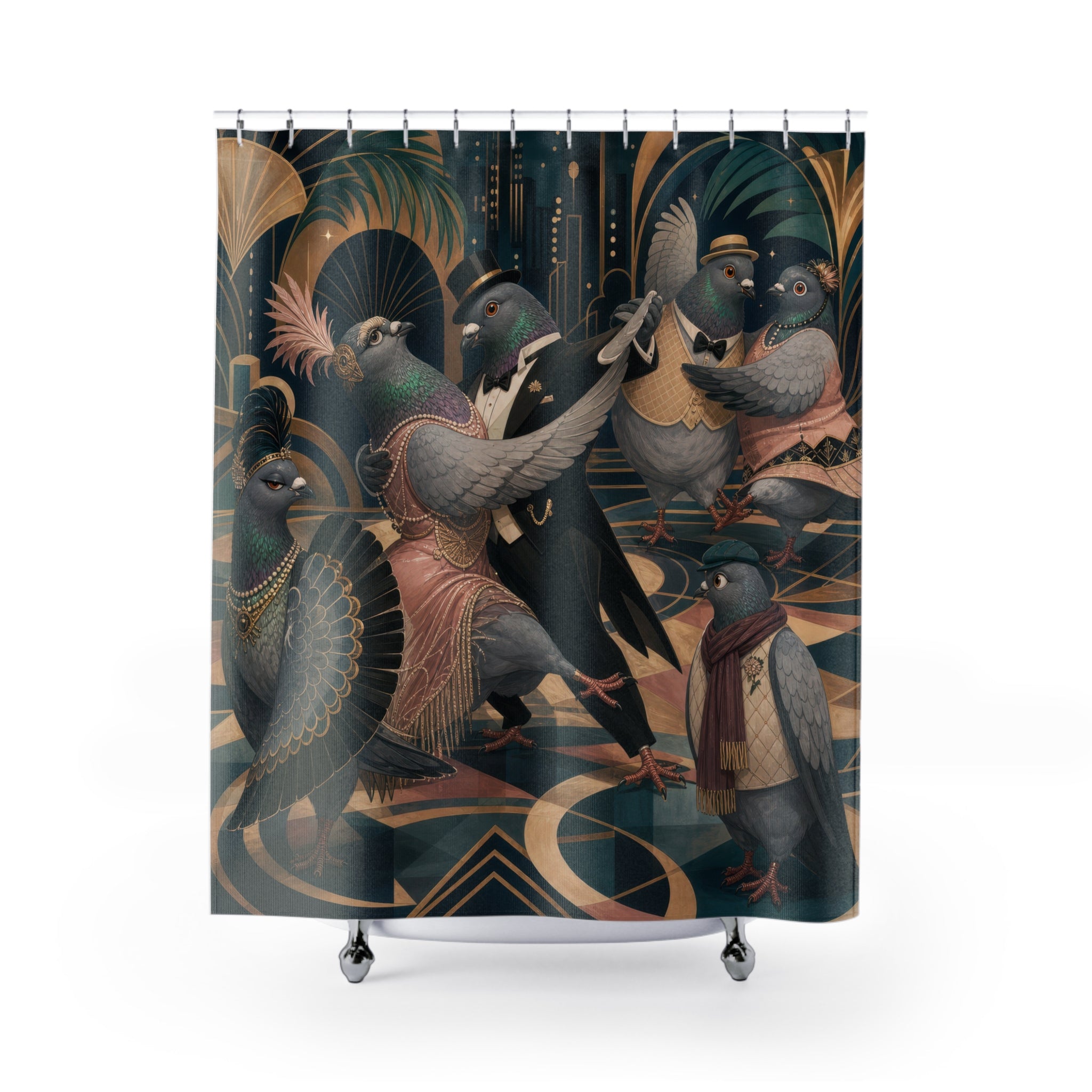 Black Gold Art Deco Dancing Pigeons Shower Curtain