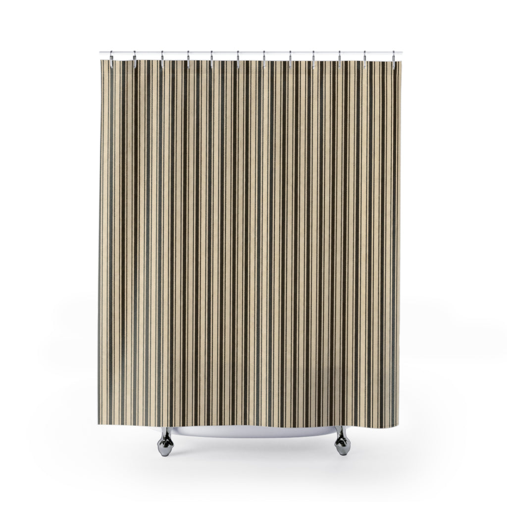 Striped Shower Curtain, Brown Beige Pinstripe Bath Decor, Dense Cream Vertical Line Pattern, Tailored Neutral Guest Bathroom Style