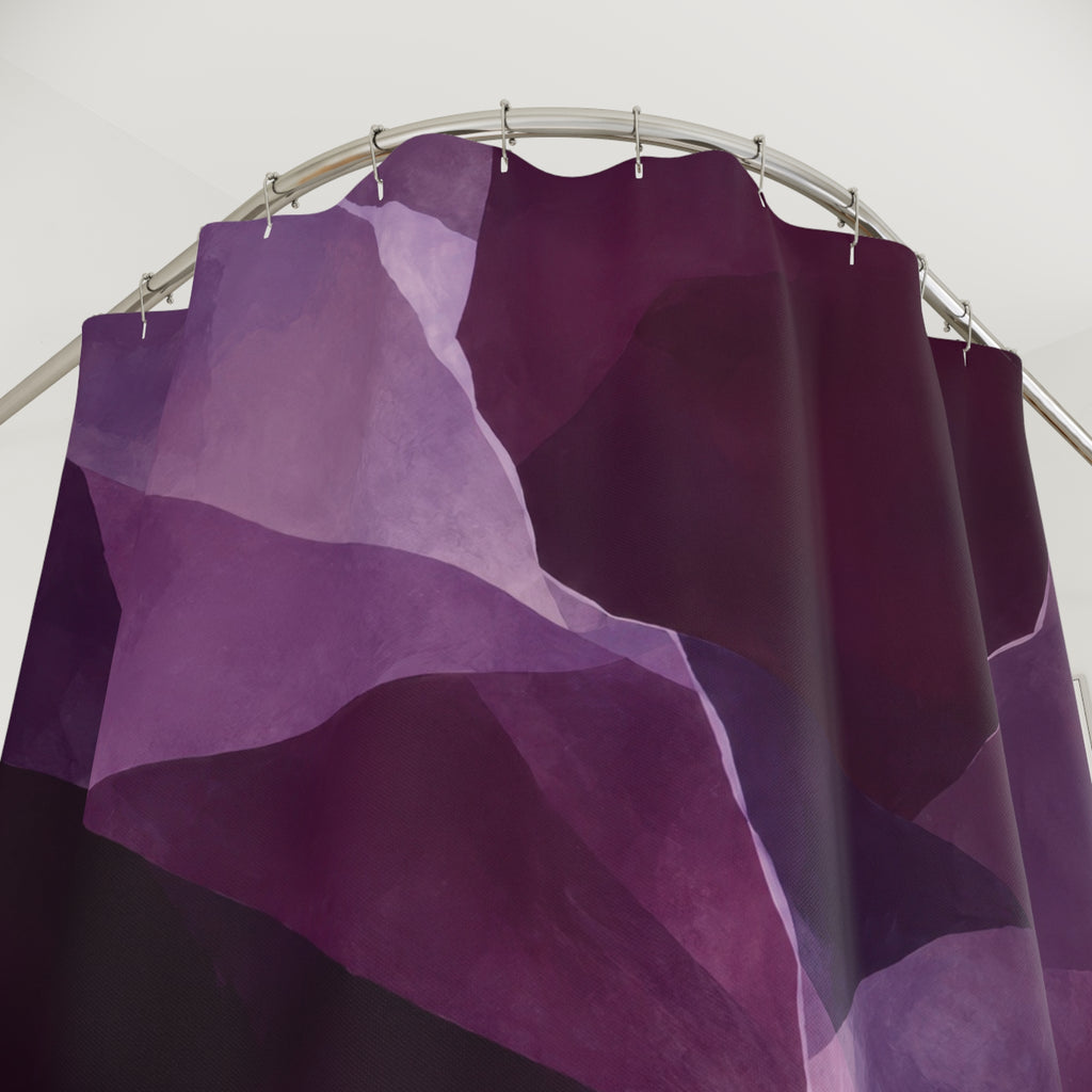 Angular plum and lavender color fields shower curtain with close-up print, hooks, and folds