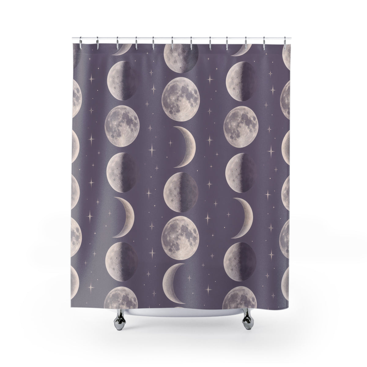 Pearl moon phases and small stars on dusty lavender shower curtain with full front view