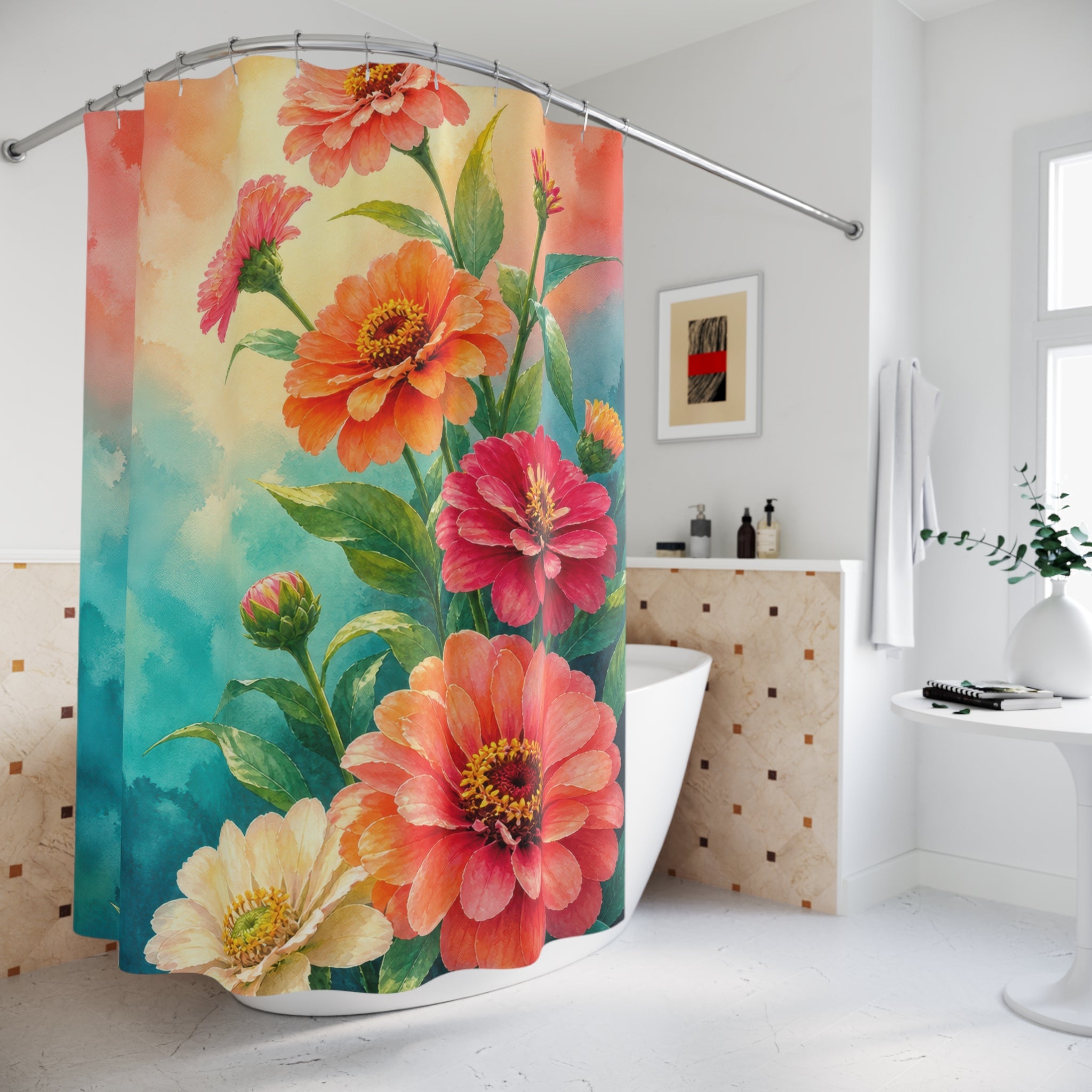 Coral teal watercolor zinnia crescent shower curtain beside a freestanding tub