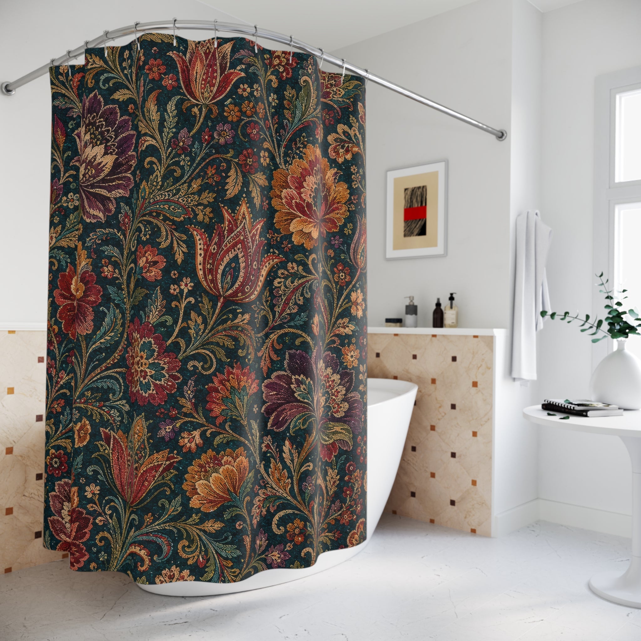 Teal Boho Flower Dark Floral Shower Curtain