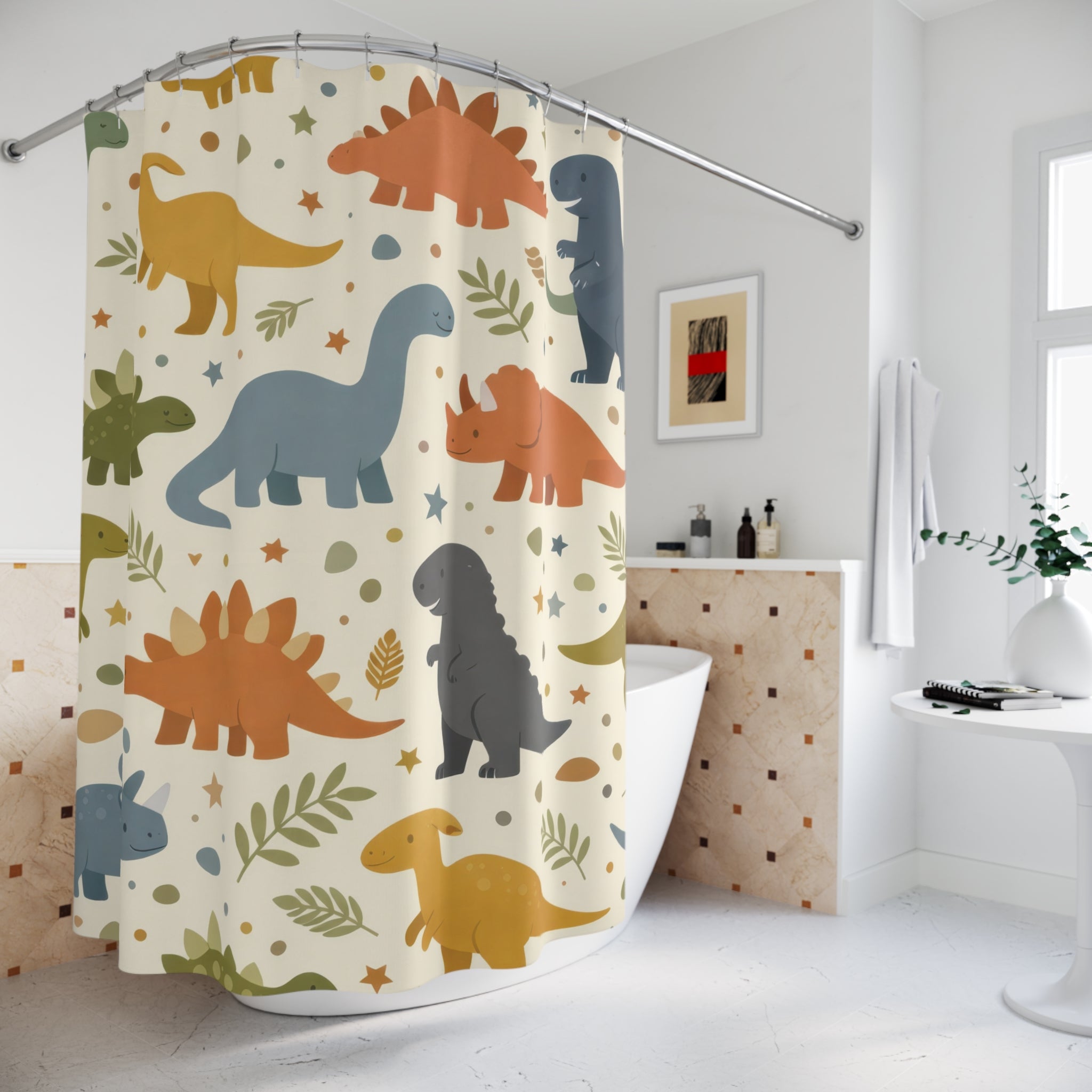 Kids Dinosaur Shower Curtain — Muted Pastels