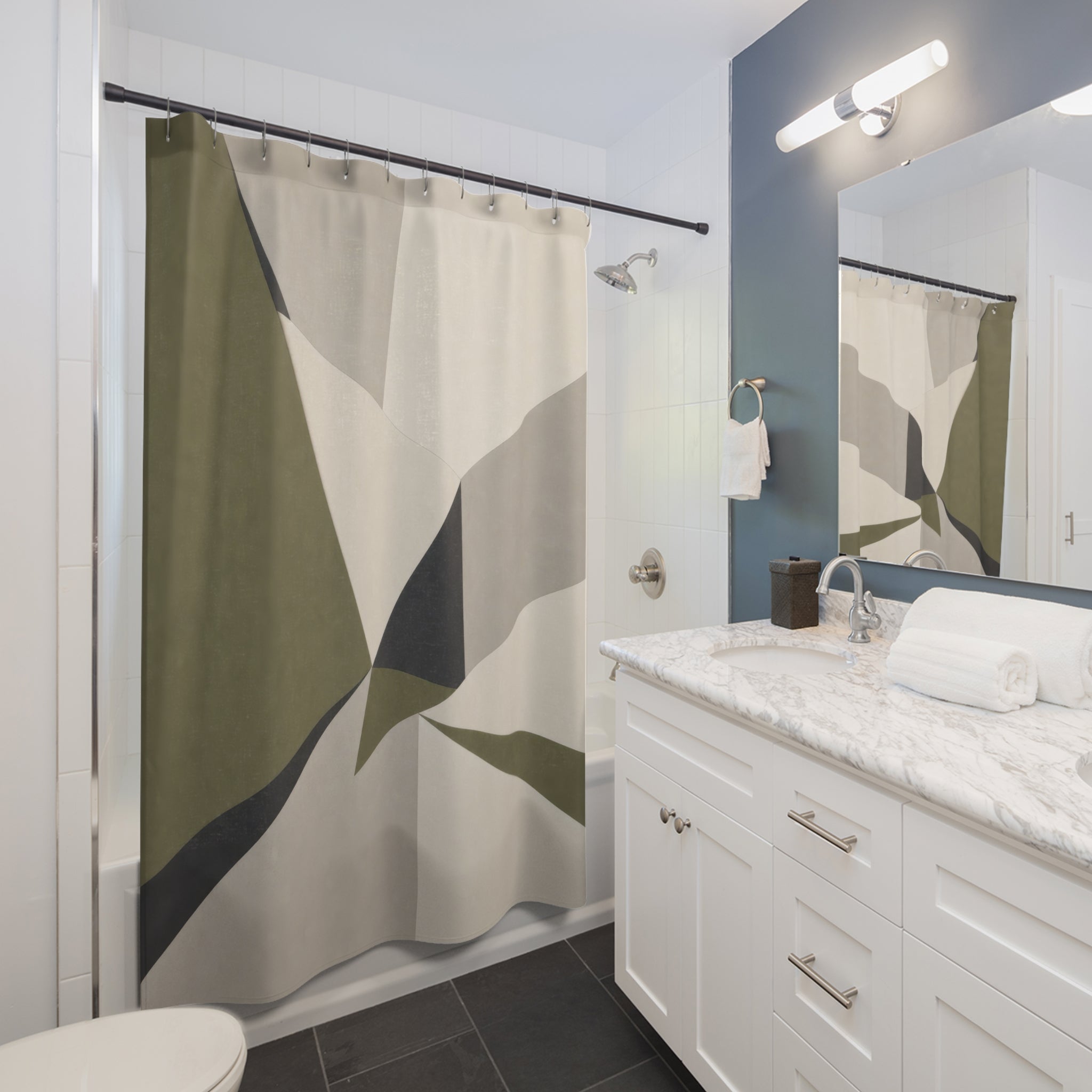 Modern Angular Geometric Olive Green Shower Curtain