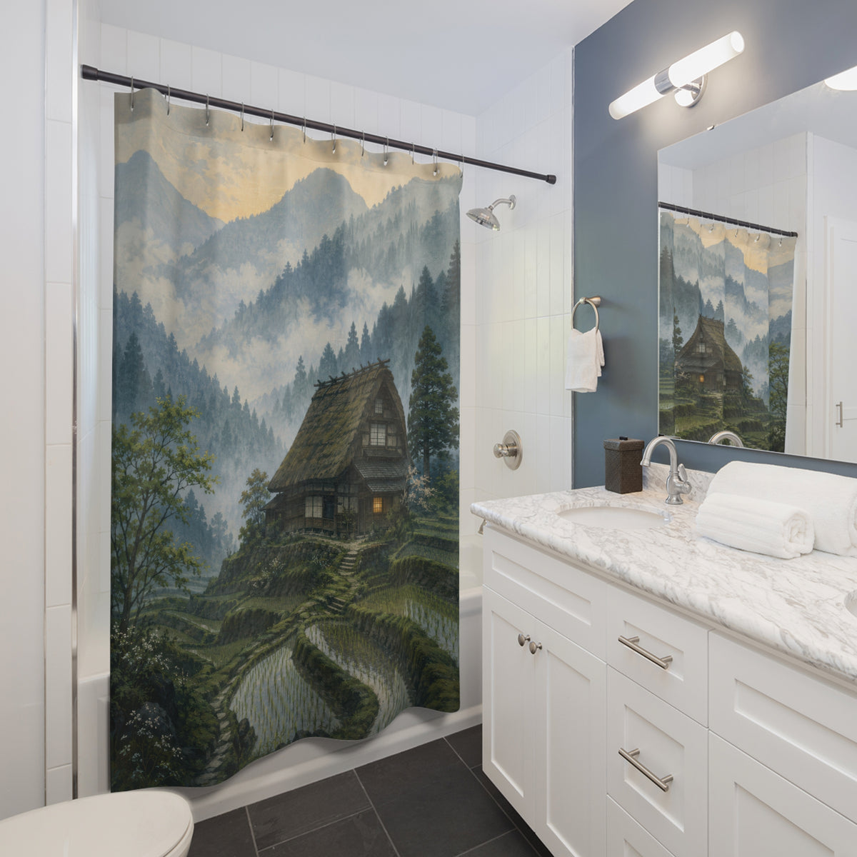 Japanese minka farmhouse above rice terraces in misty mountains shower curtain beside a white vanity