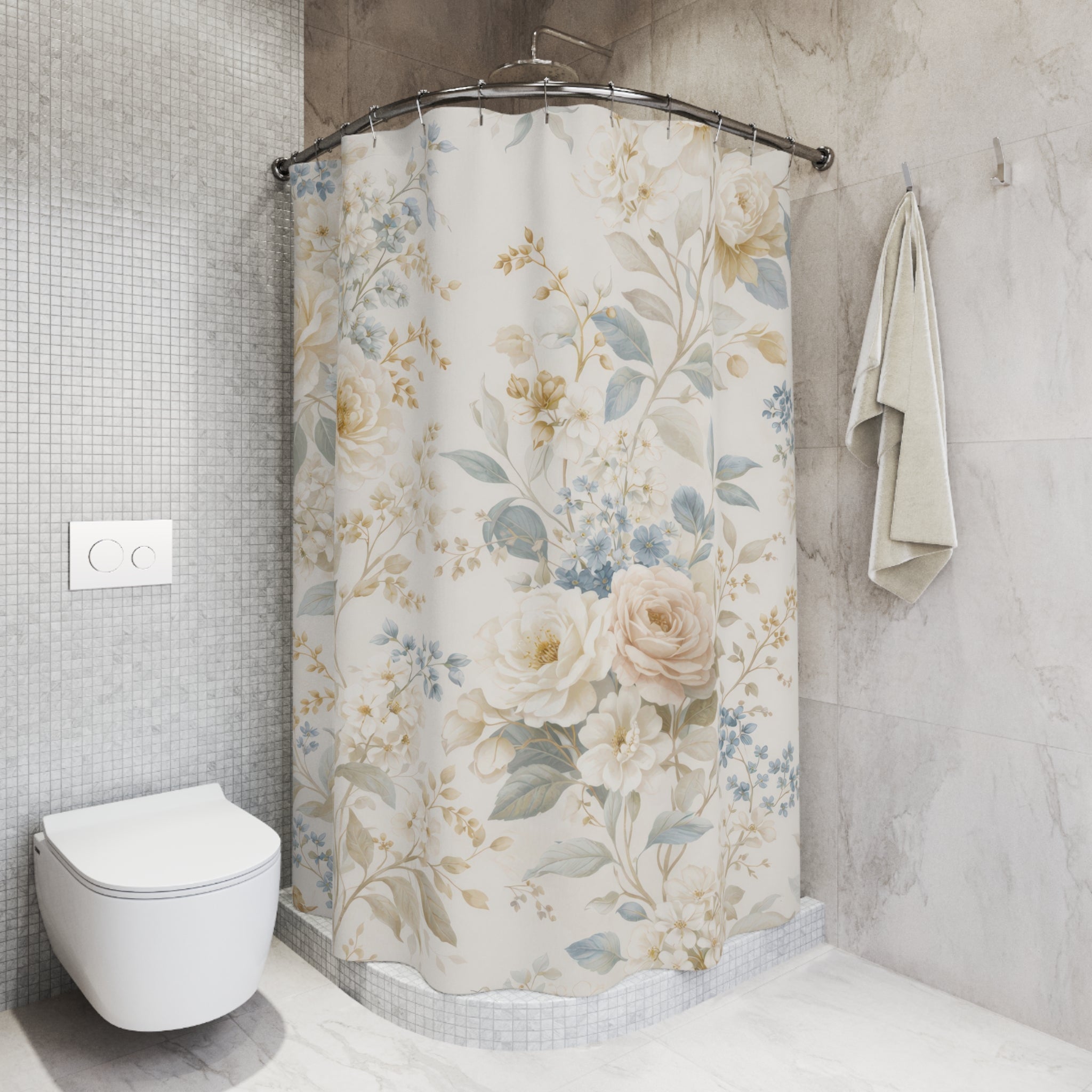 Vintage Floral Shower Curtain – Blue and Beige