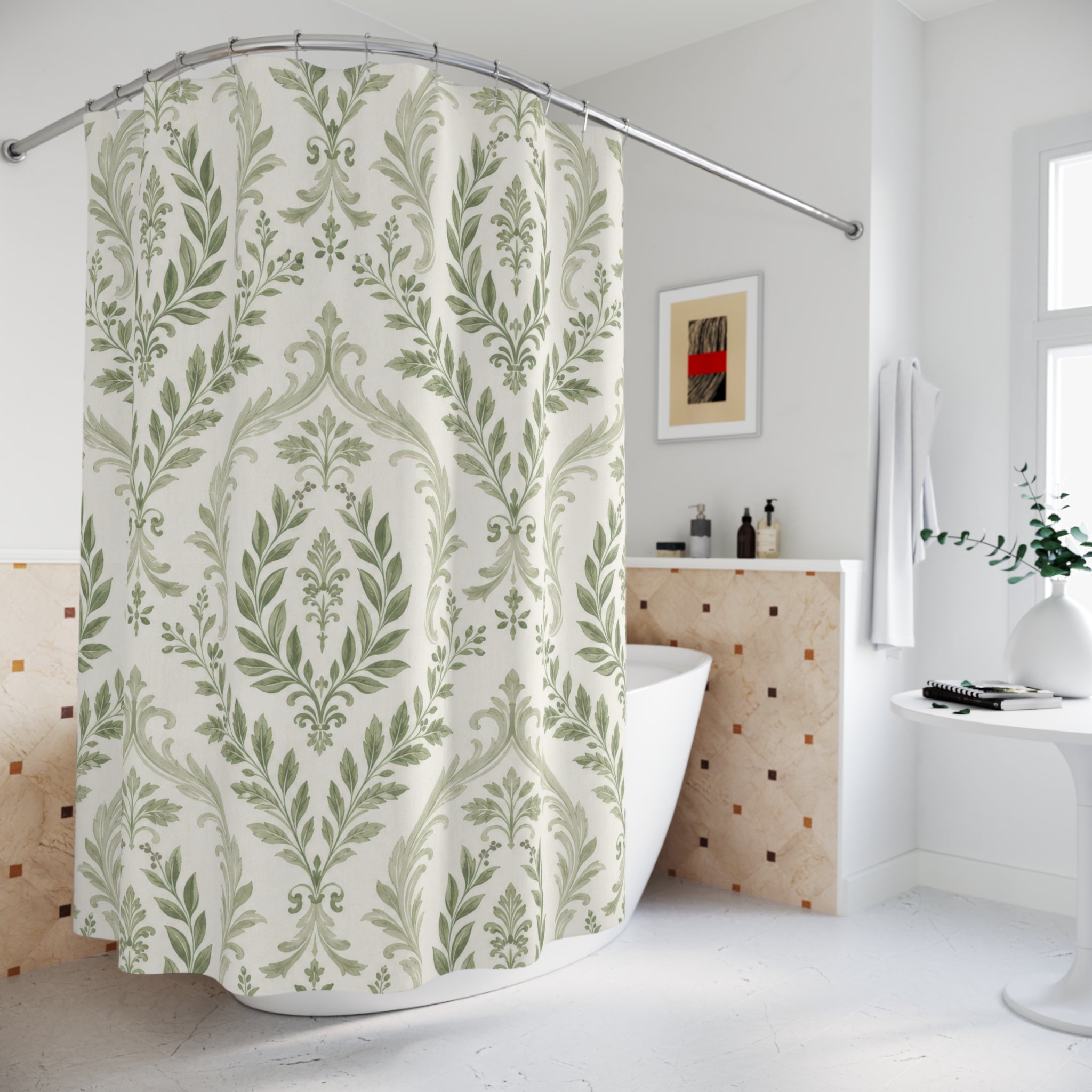 Sage Green White Botanical Medallion Shower Curtain