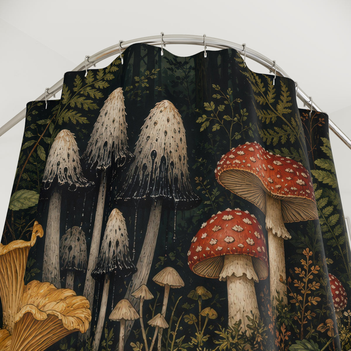 Mushroom Dark Forest Botanical Study shower curtain with close-up print, hooks, and folds