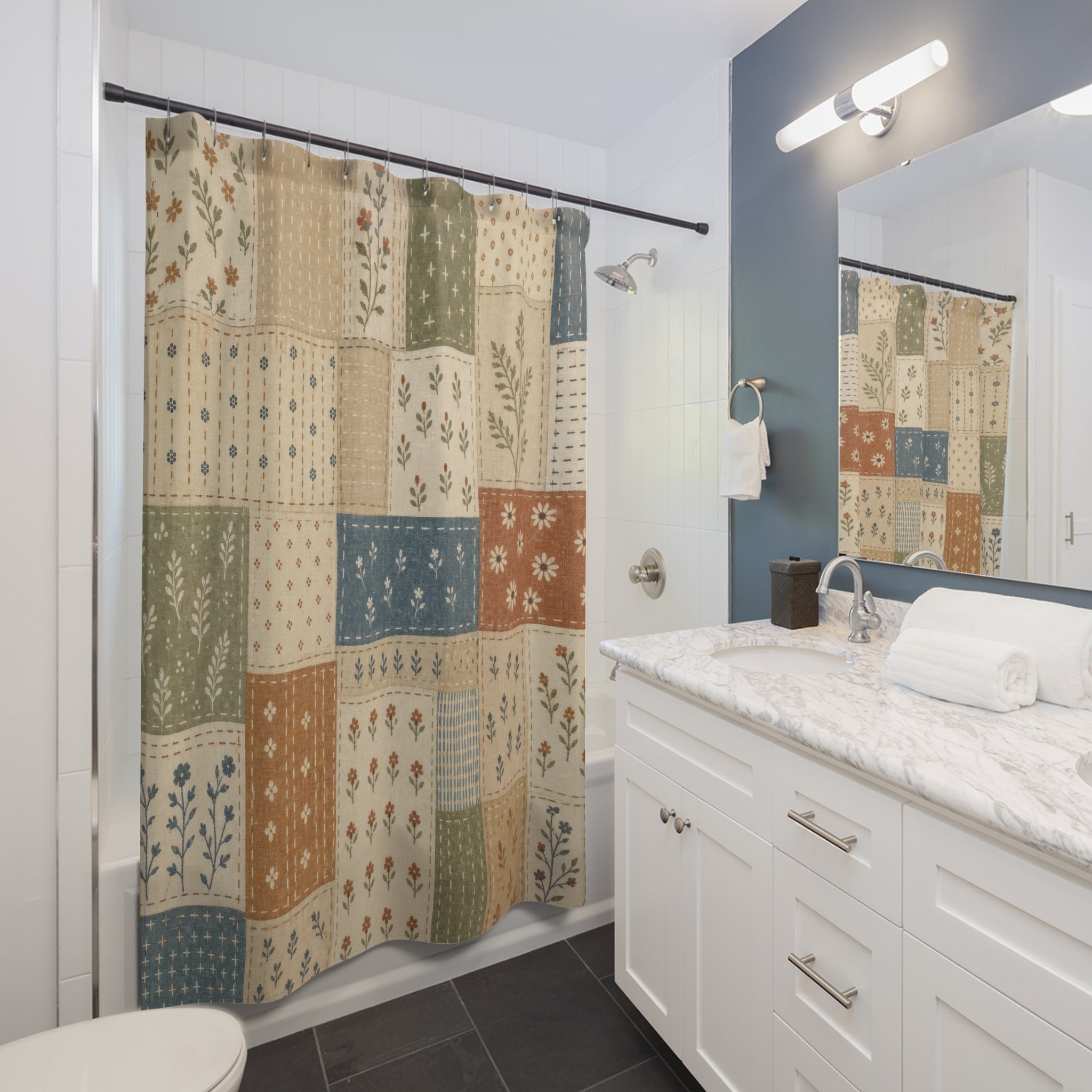 Patchwork Botanical Quilt Shower Curtain