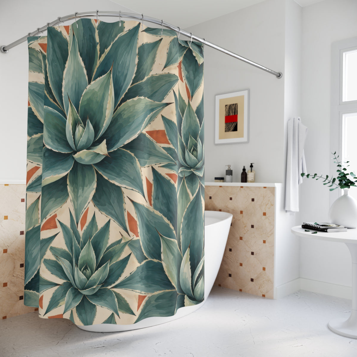 Blue green agave leaves in a geometric tile pattern shower curtain beside a freestanding tub