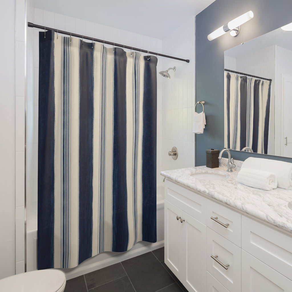 Navy Ivory Vertical Stripe Shower Curtain