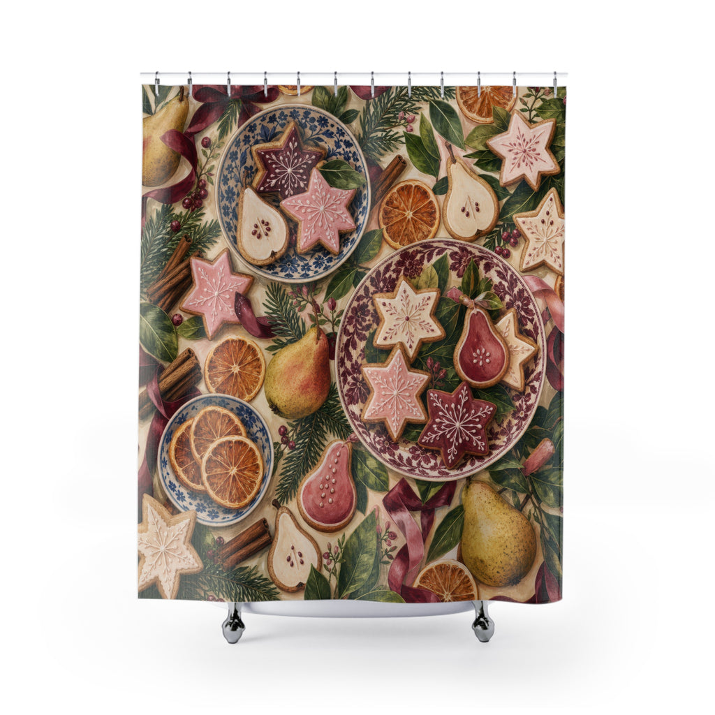 Christmas Baking Shower Curtain, Pink Burgundy Cookie Pear Holiday Pattern, Olive Winter Kitchen-Inspired Bathroom Decor, Festive Guest Bath