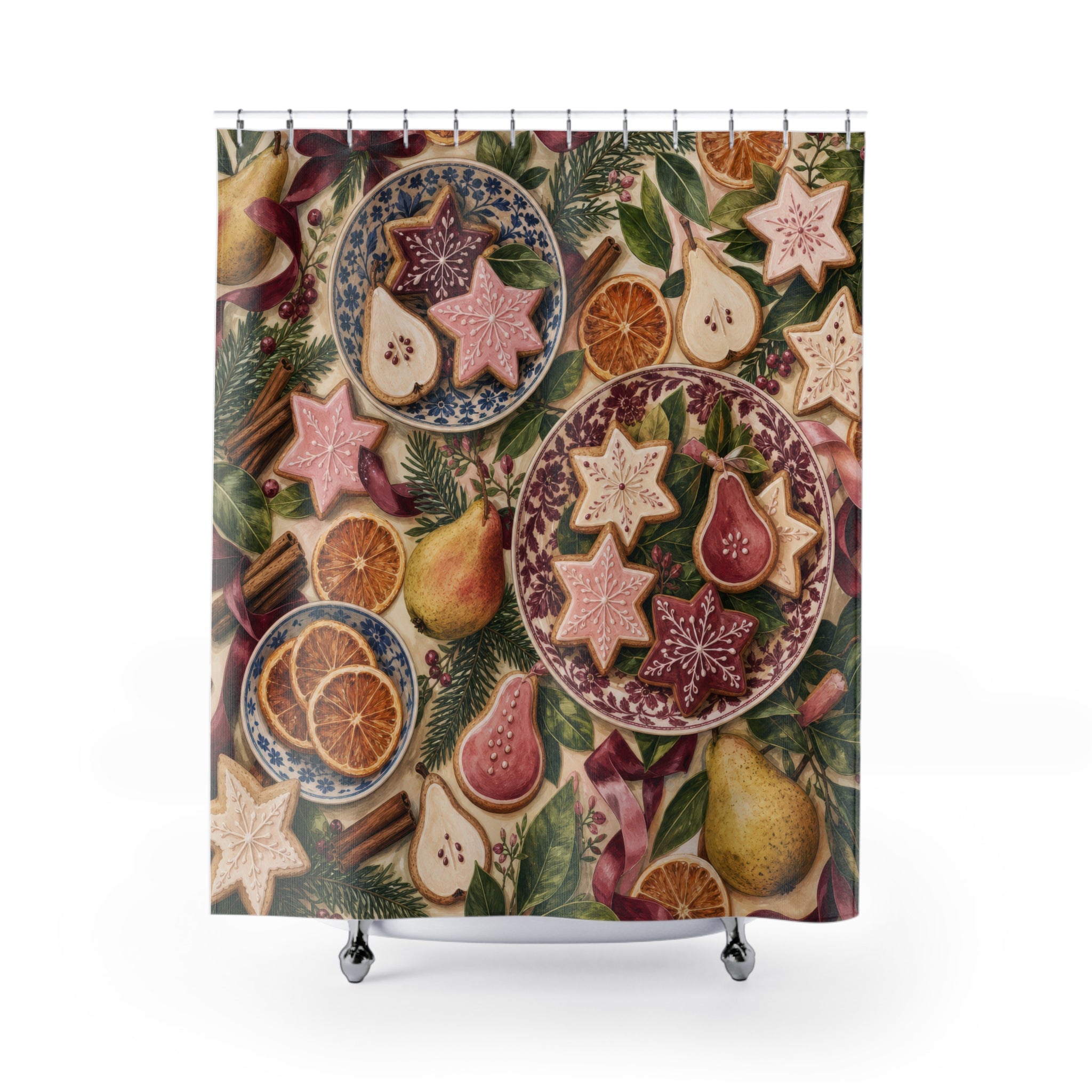 Christmas Baking Shower Curtain, Pink Burgundy Cookie Pear Holiday Pattern, Olive Winter Kitchen-Inspired Bathroom Decor, Festive Guest Bath