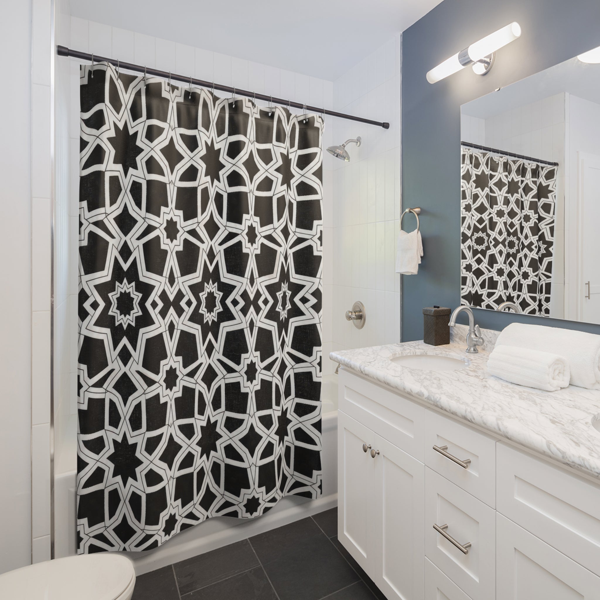Black White Star Geometric Shower Curtain
