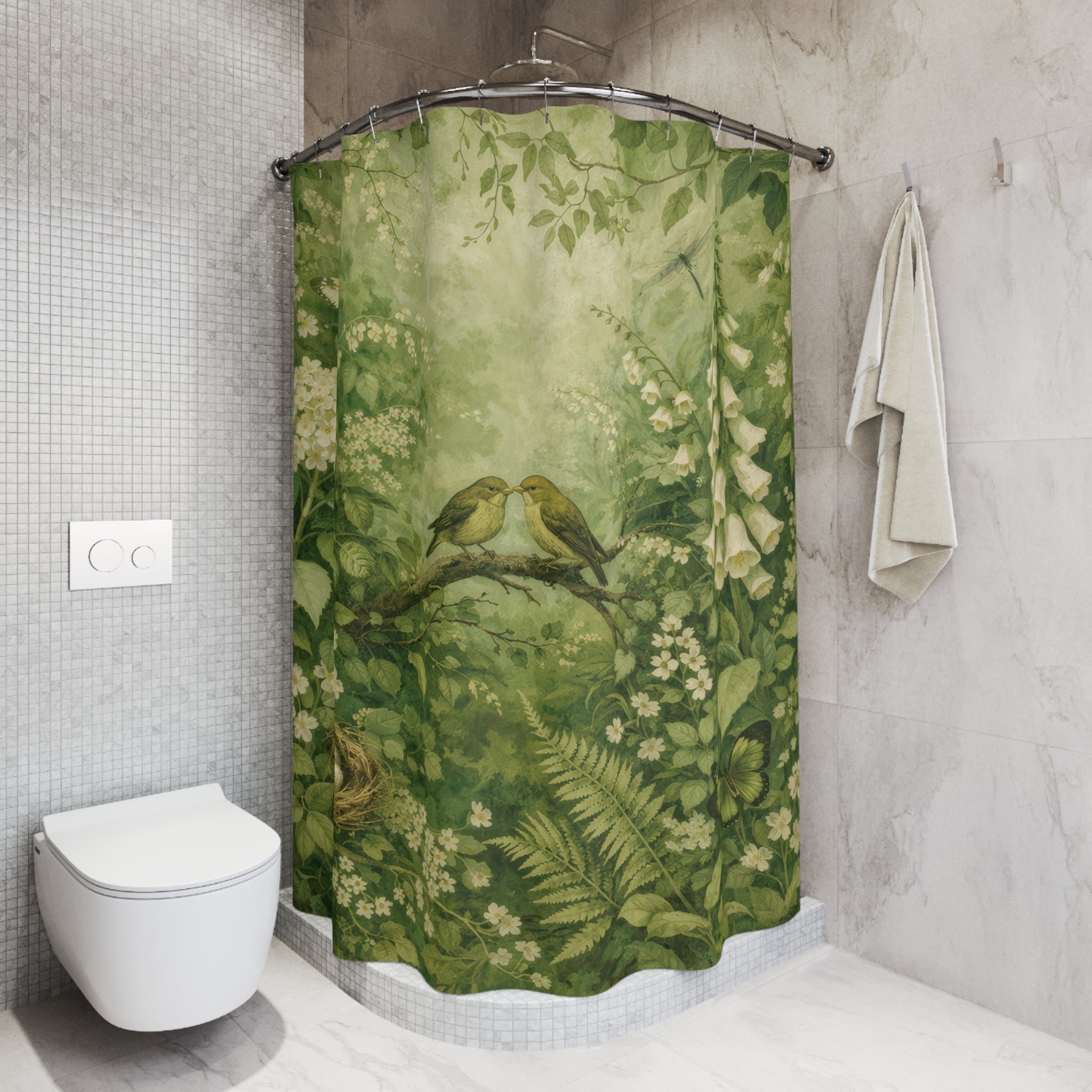 Green Woodland Bird Shower Curtain — Botanical