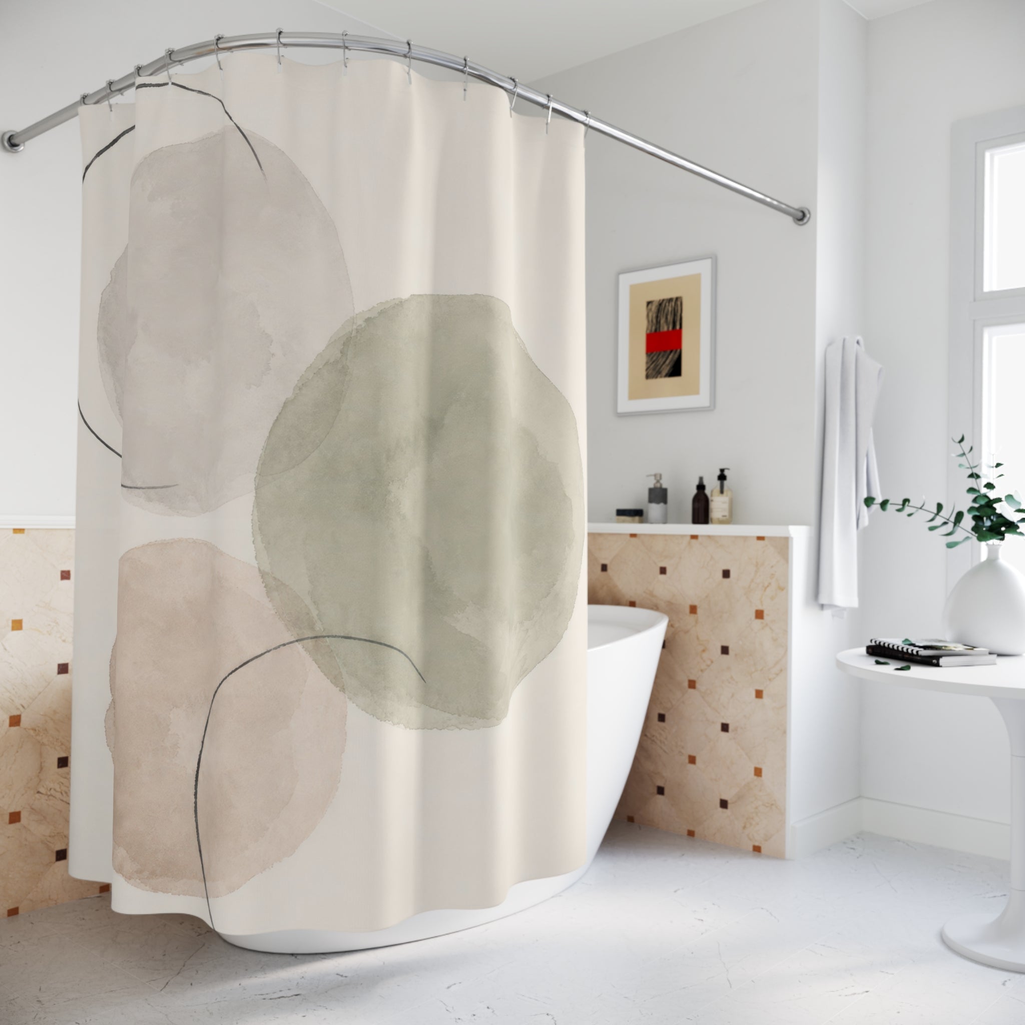 Sage Beige Watercolor Circle Shower Curtain