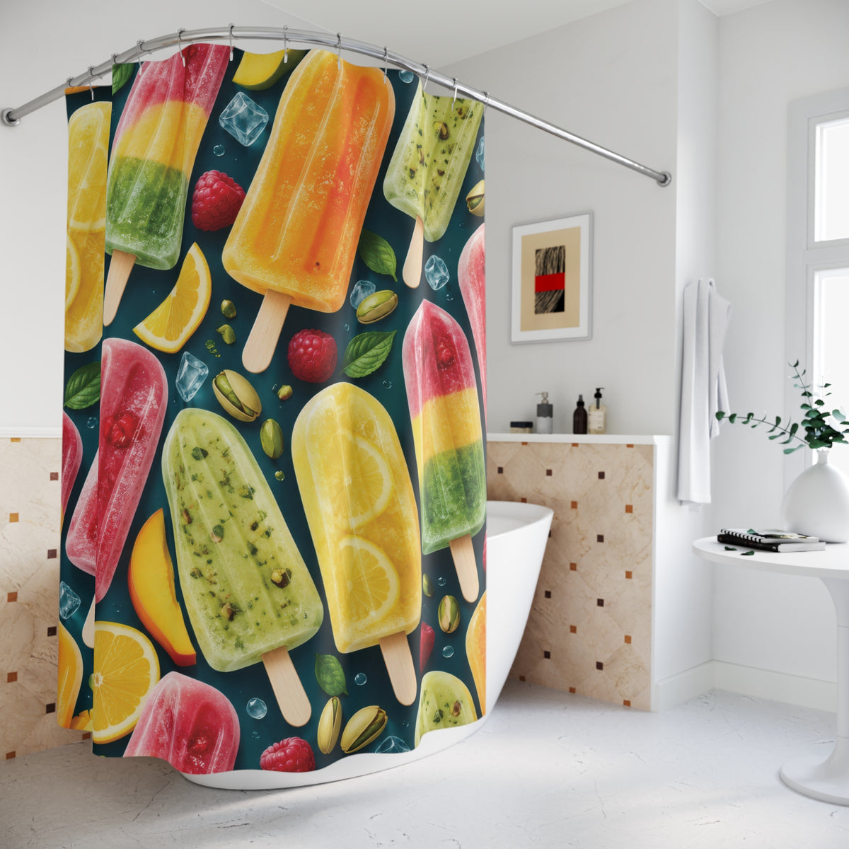 Pink, yellow and green ice pops with fruit on deep teal shower curtain beside a freestanding tub