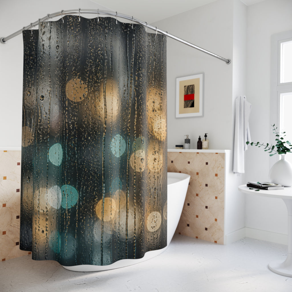 Rain Shower Curtain, Moody Window Bath Decor, Abstract Bokeh Light Pattern, Modern Guest Bathroom Decor, Dark Urban Style, Rainy Night Style