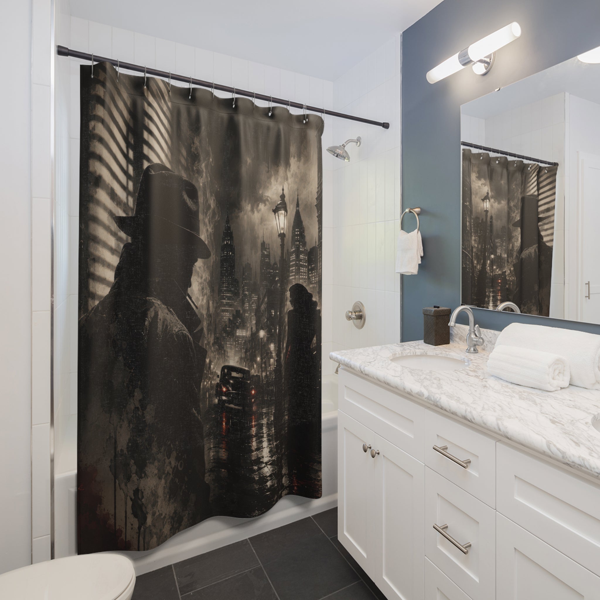 Noir Shower Curtain: Black Vintage City Rain