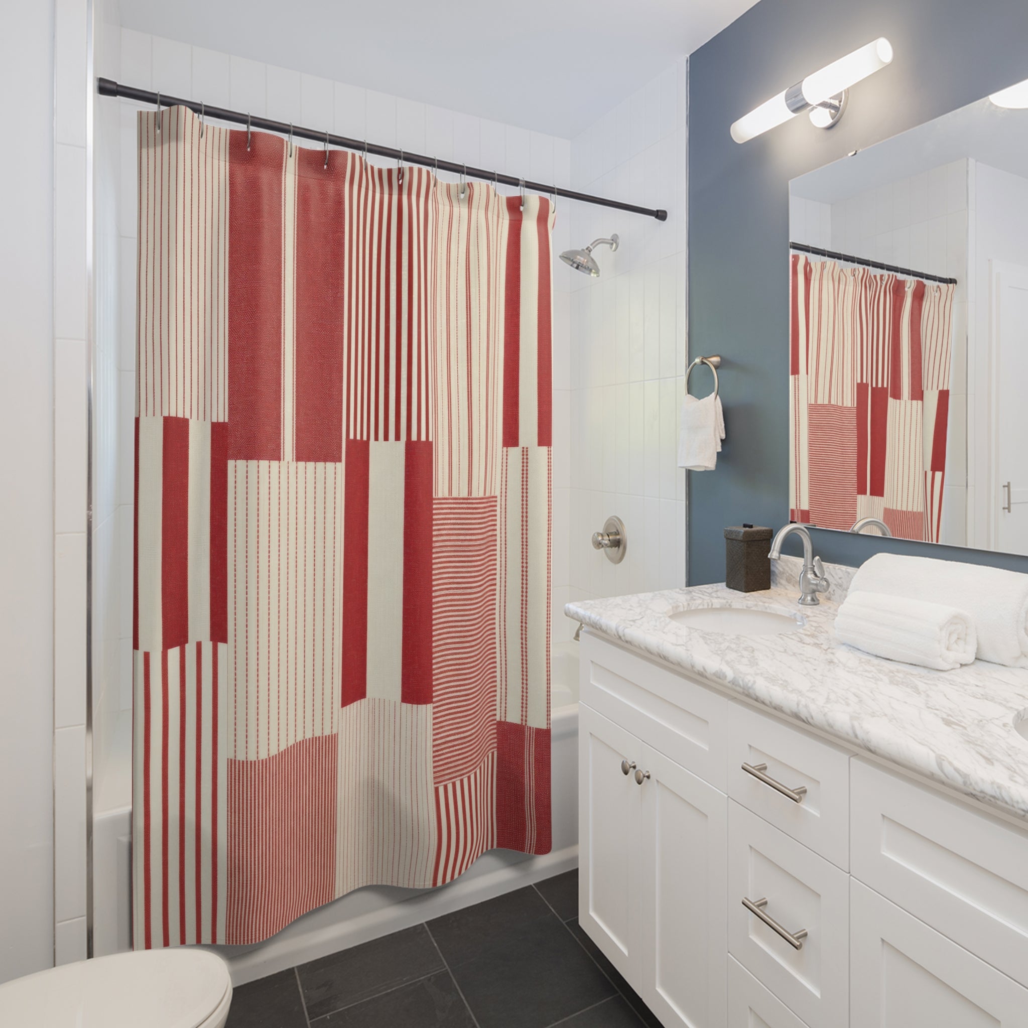 Red and White Patchwork Stripe Shower Curtain