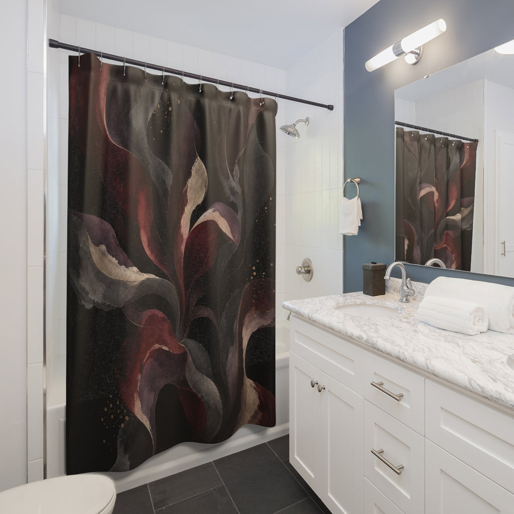 Dark Floral Shower Curtain, Black Burgundy Bath Decor, Moody Botanical Flower Pattern, Red Gray Bathroom Decor, Romantic Gothic Style
