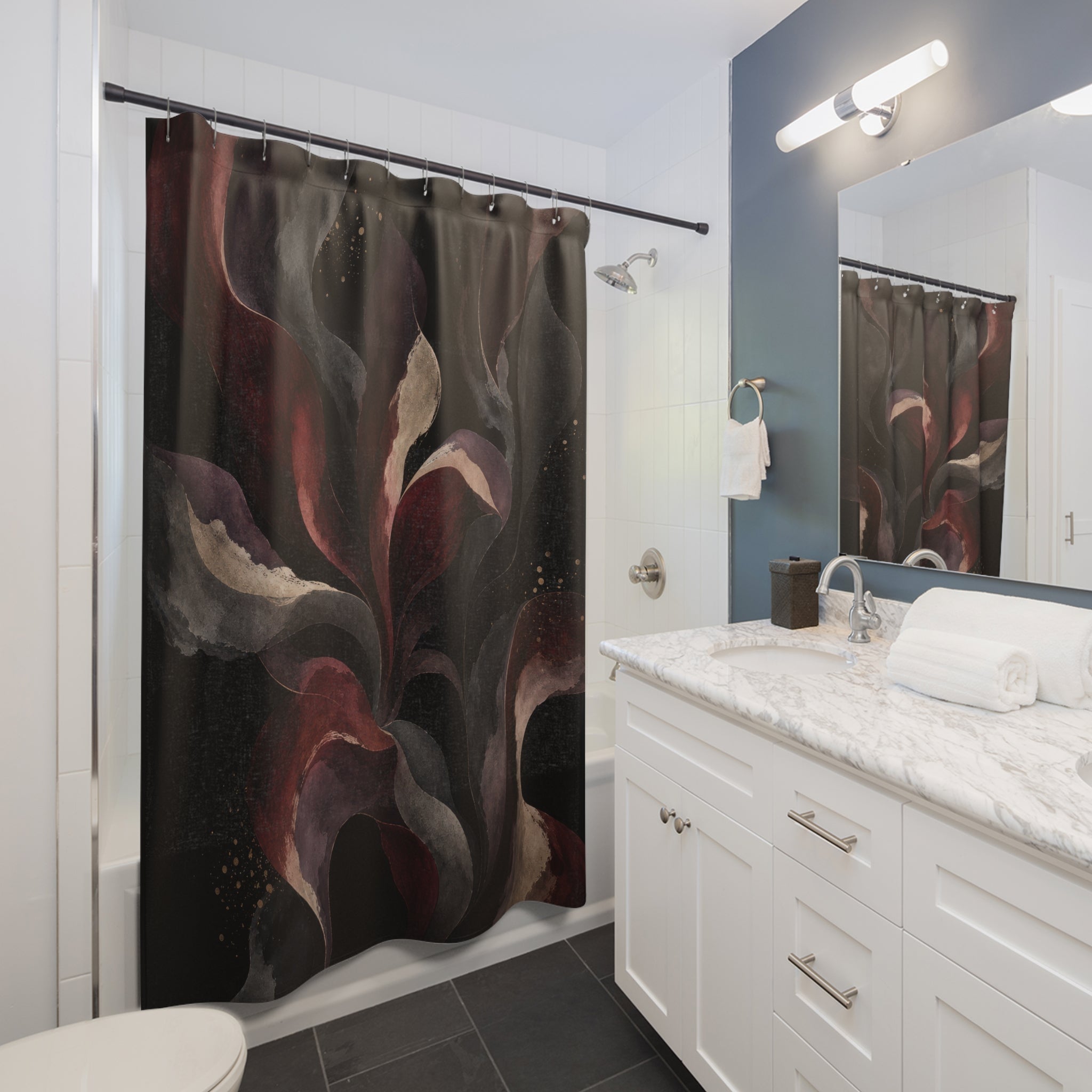 Dark Floral Shower Curtain, Black Burgundy Bath Decor, Moody Botanical Flower Pattern, Red Gray Bathroom Decor, Romantic Gothic Style