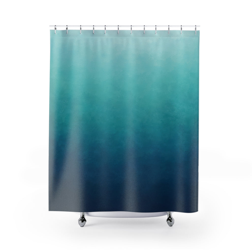 Aqua to deep blue ombre with teal midtones shower curtain with full front view