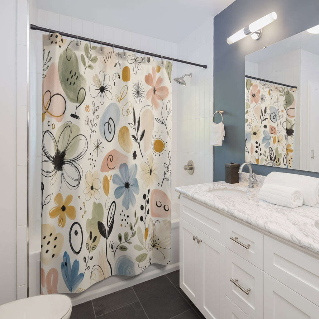 Painterly Doodle Shower Curtain, Hand Drawn Botanical Flower Bath Decor, Black Ivory Sage Blush Abstract Guest Bathroom Style Decor