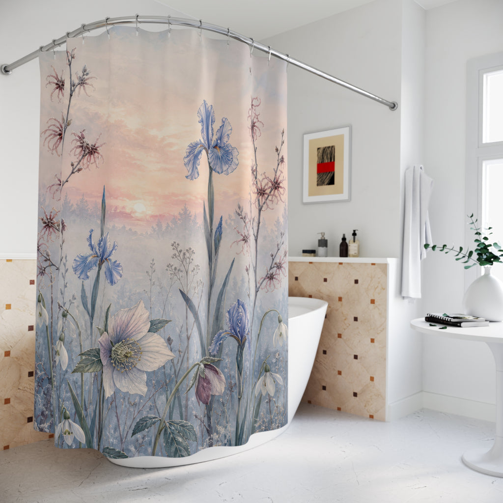Winter snowdrops irises and hellebores in a frosted meadow shower curtain beside a freestanding tub