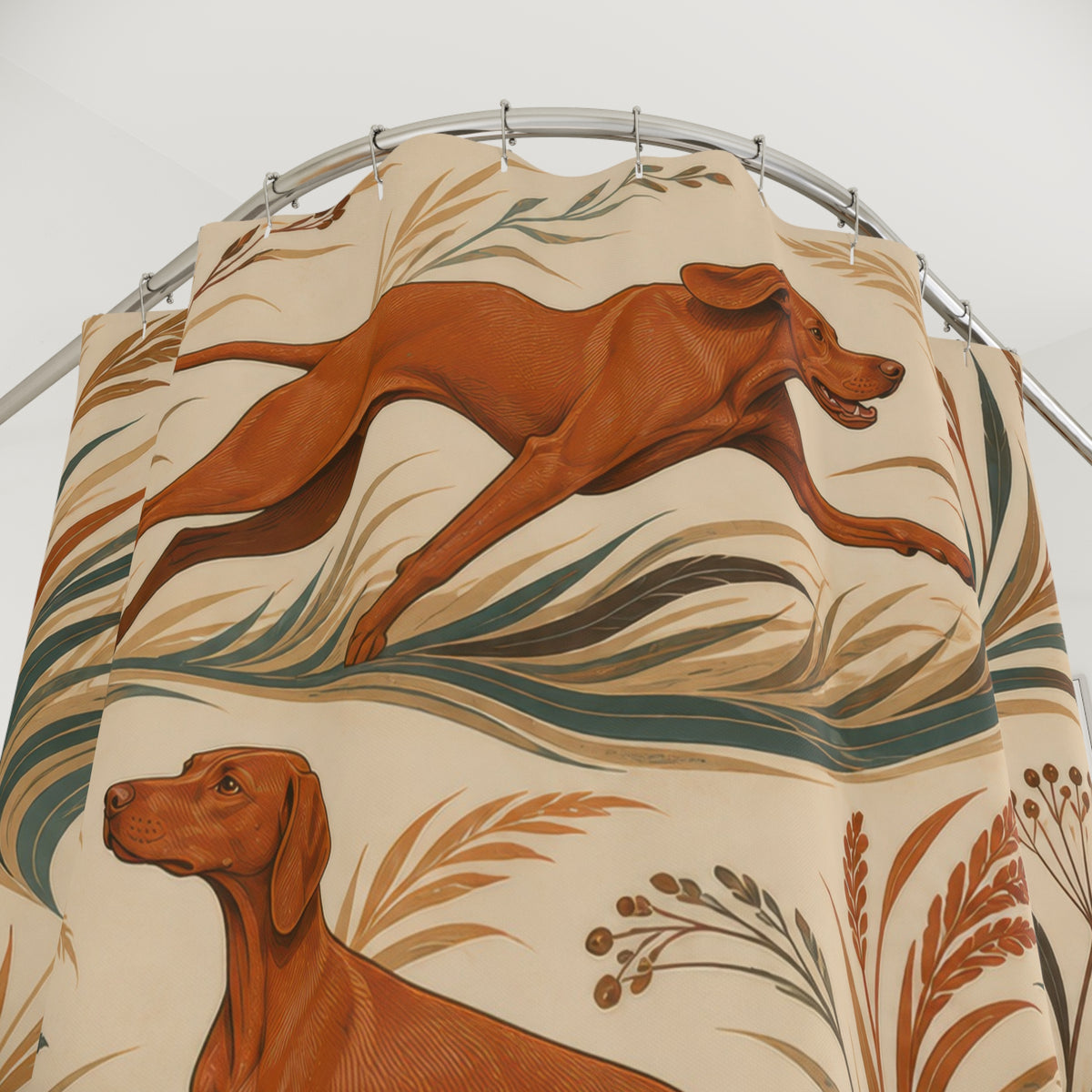 Botanical running Vizsla shower curtain with close-up print, hooks, and folds