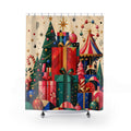 Geometric Christmas gifts with tree and carousel shower curtain with full front view
