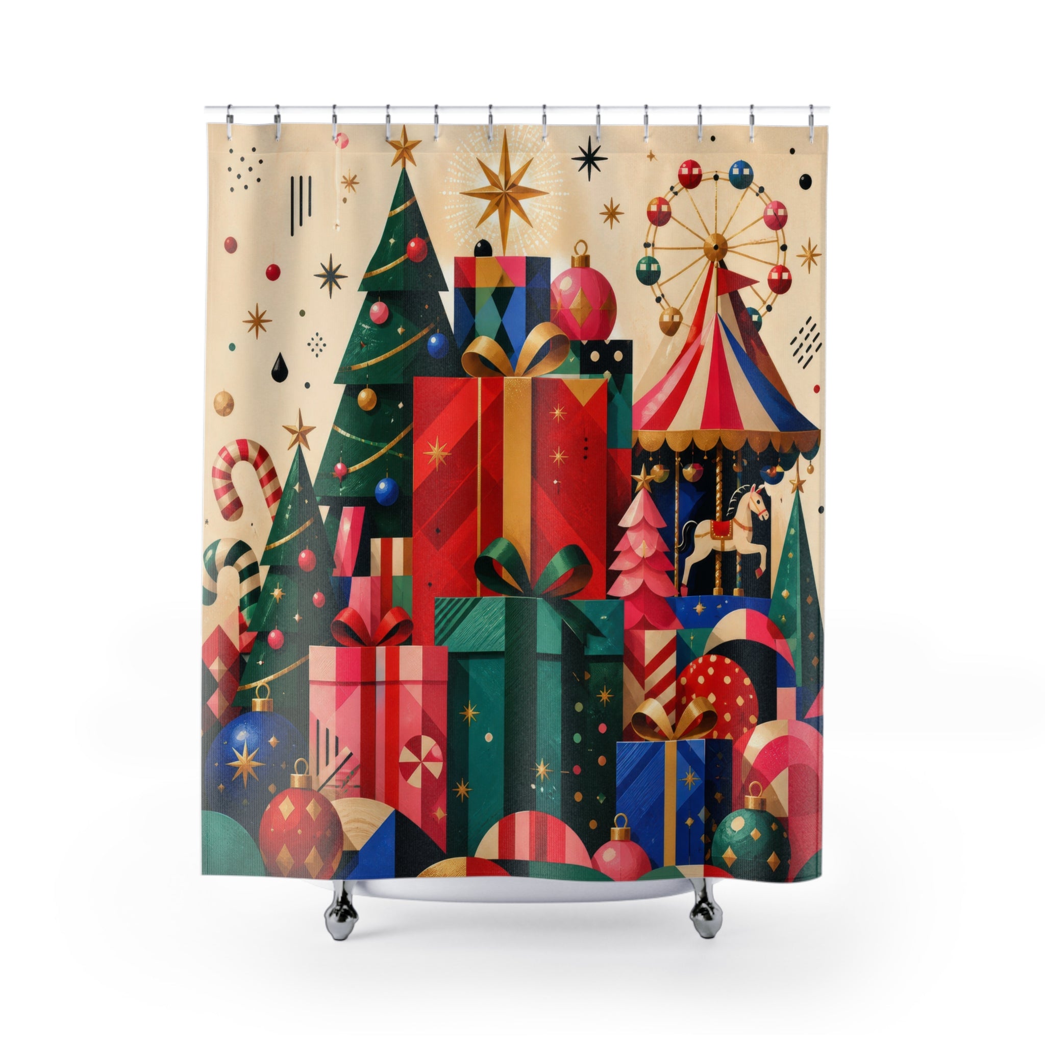 Geometric Christmas gifts with tree and carousel shower curtain with full front view