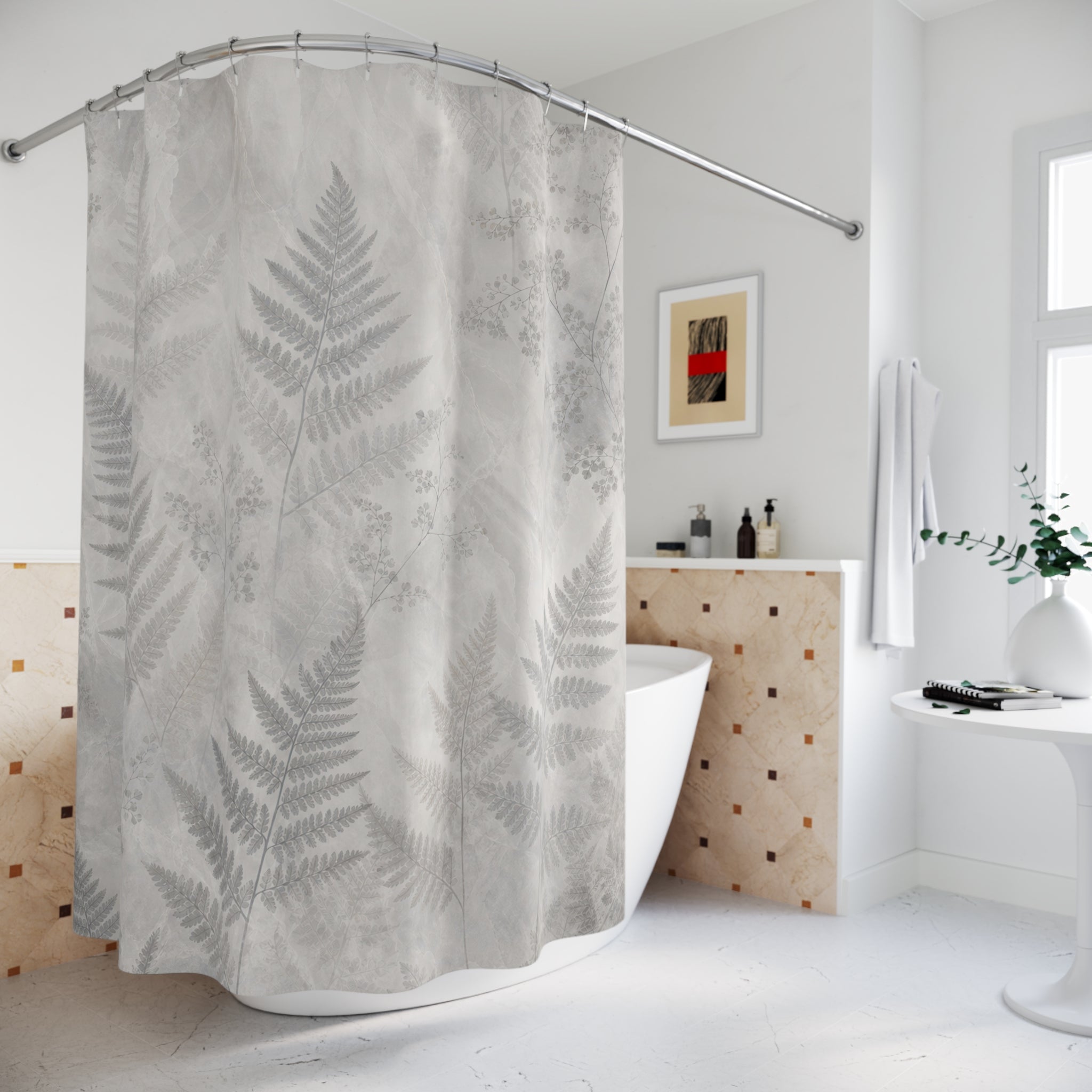 Fern Shower Curtain, Gray Botanical Bath Decor, Leaf Frond Pattern, Soft Neutral Guest Bathroom Decor, Nature Inspired Fern Spa Style