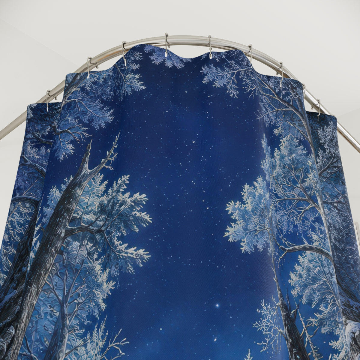 Winter woodland evergreen forest shower curtain with close-up print, hooks, and folds