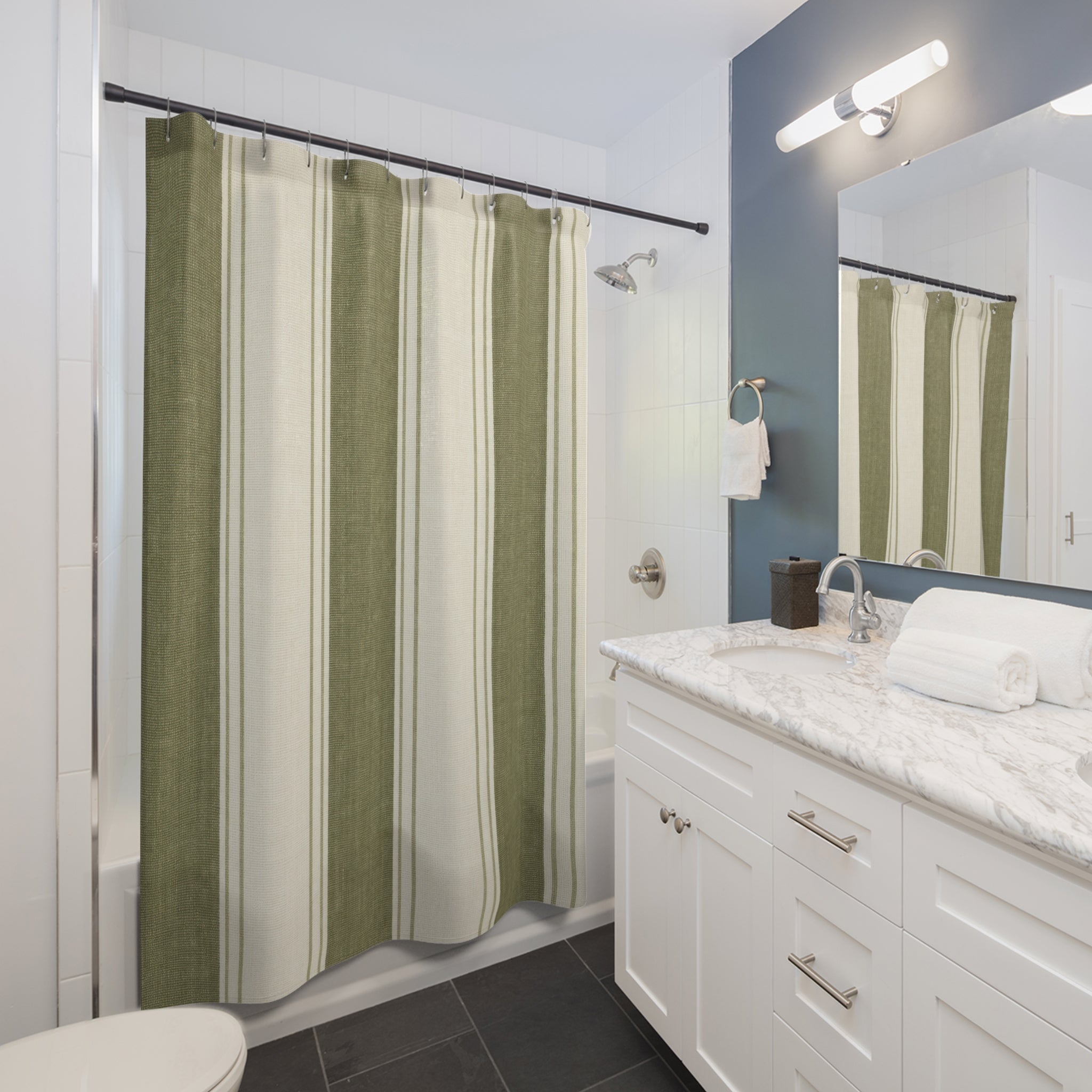Moss Green Awning Stripe Shower Curtain