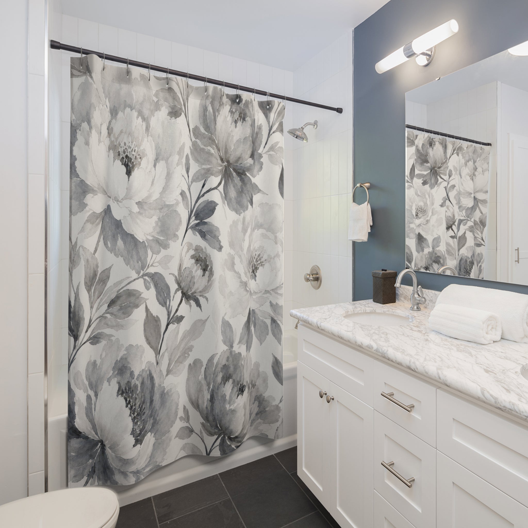 White Peony Watercolor Shower Curtain