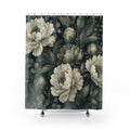 Dark Green Peony Shower Curtain, Dark Green Botanical Bathroom Decor, Dark Floral Bath Curtain, Guest Bath Decor, Small Bathroom Decor