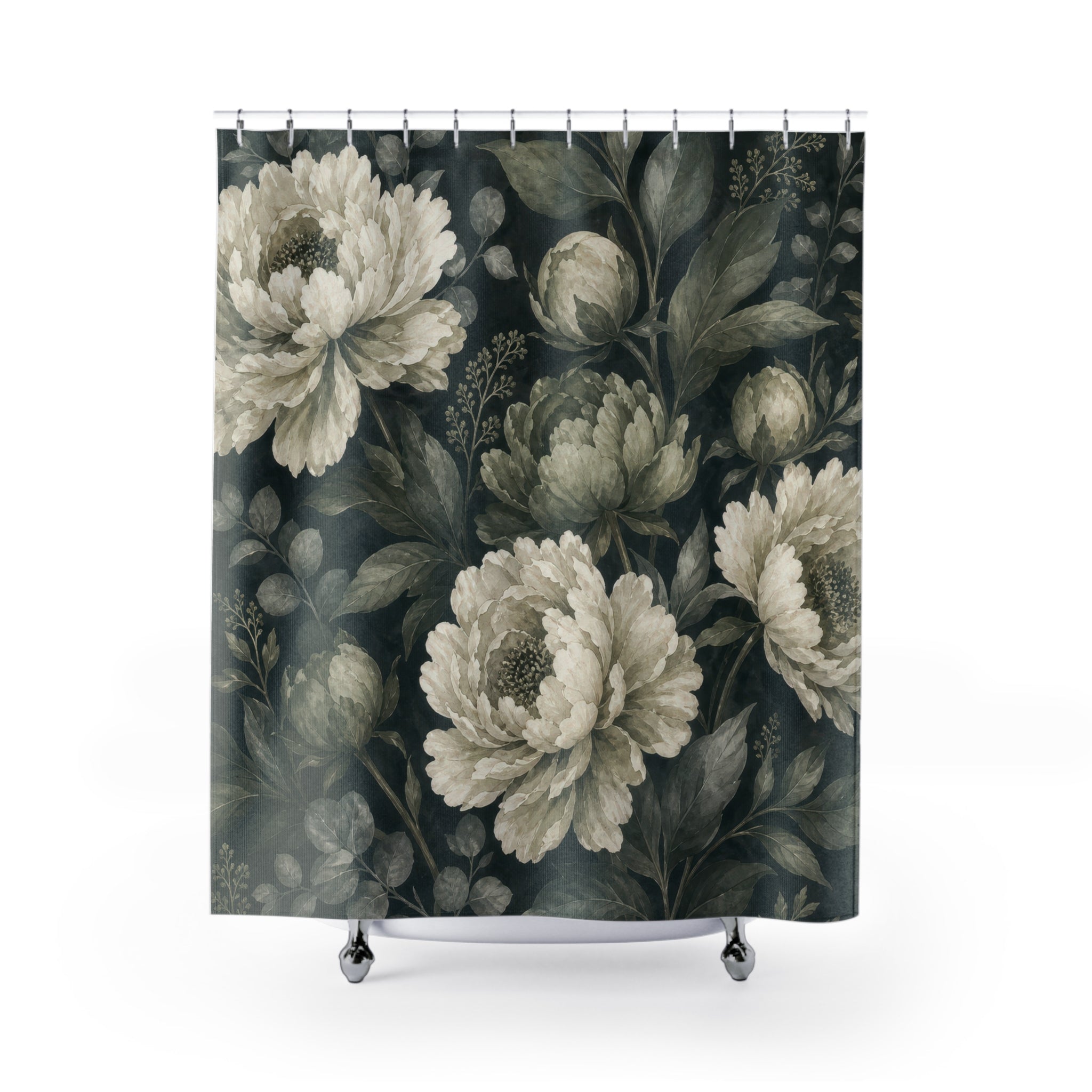 Dark Green Peony Shower Curtain, Dark Green Botanical Bathroom Decor, Dark Floral Bath Curtain, Guest Bath Decor, Small Bathroom Decor