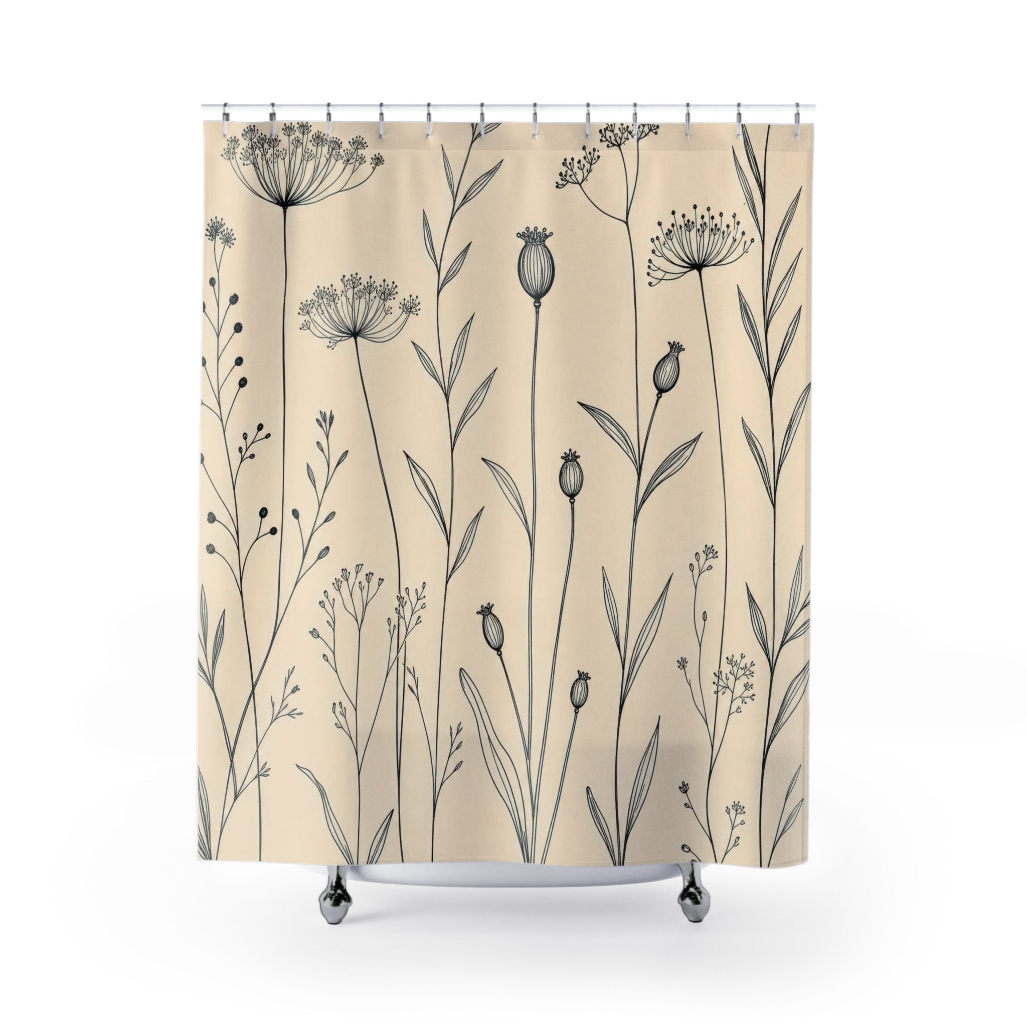 Black Cream Wildflower Stem Shower Curtain