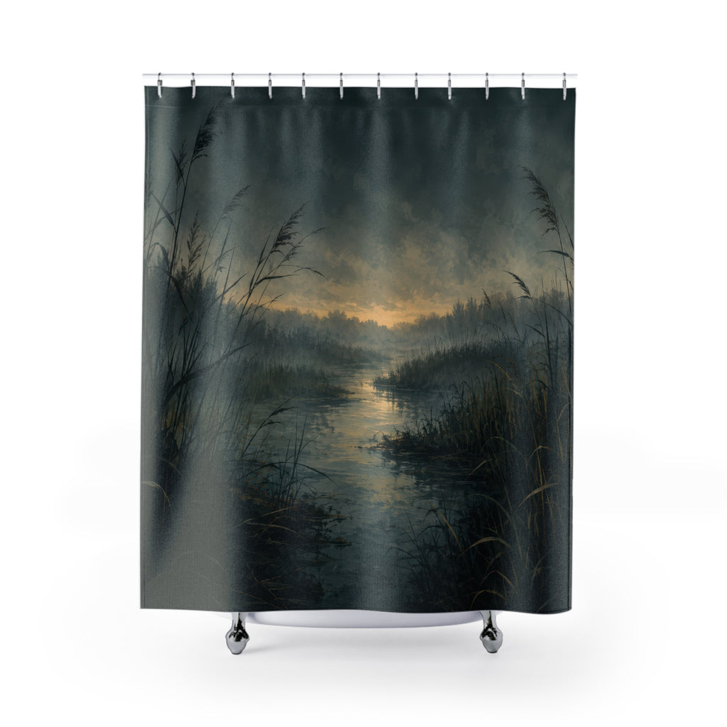 Twilight marsh with dark reeds and a misty pale waterway shower curtain with full front view