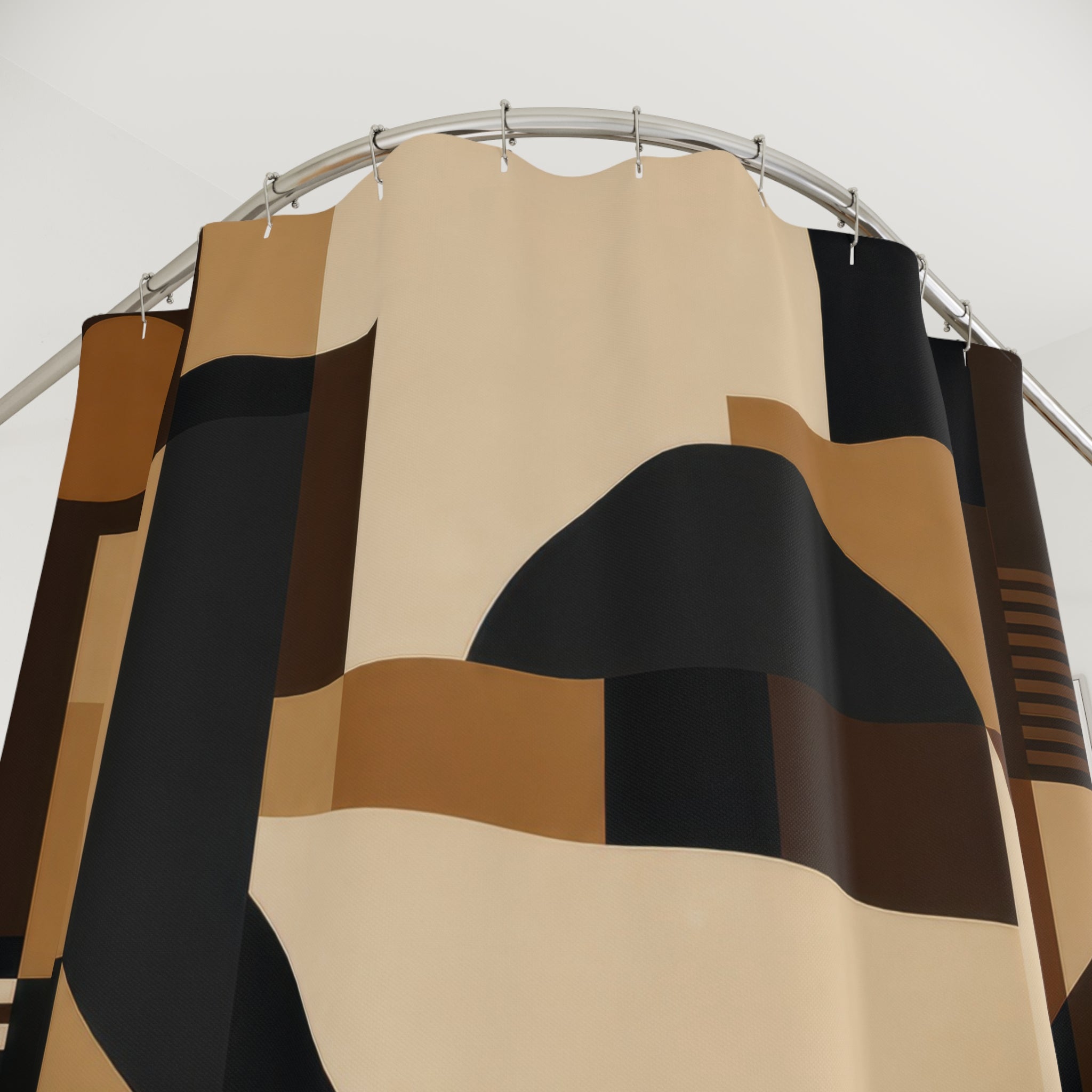 Mid Century Modern Shower Curtain, Black Brown Geometric Bath Decor, Bauhaus Style Shape Pattern, Warm Neutral Guest Bathroom Decor Style
