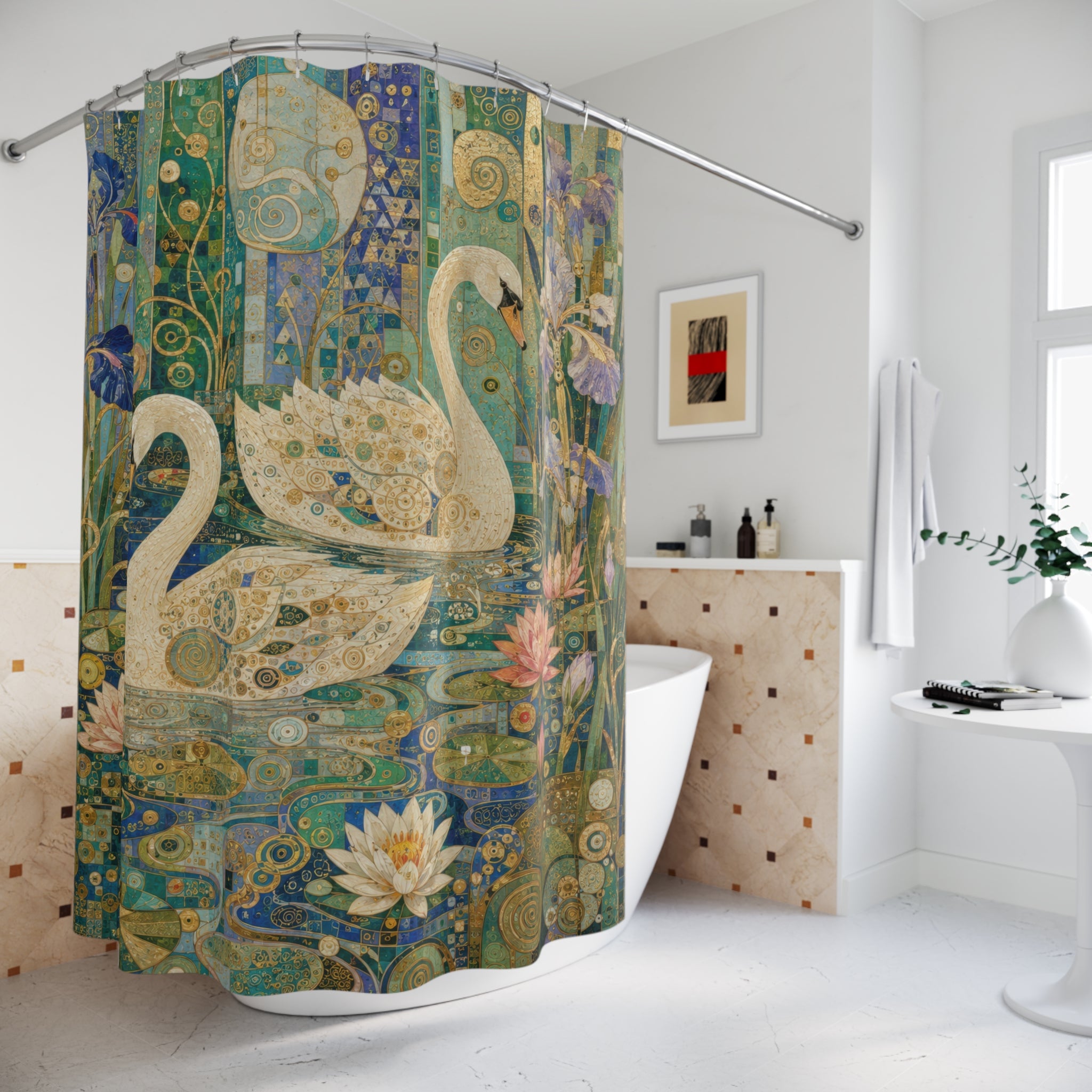 Klimt Inspired Swan Shower Curtain: Nouveau Teal Blue Pond