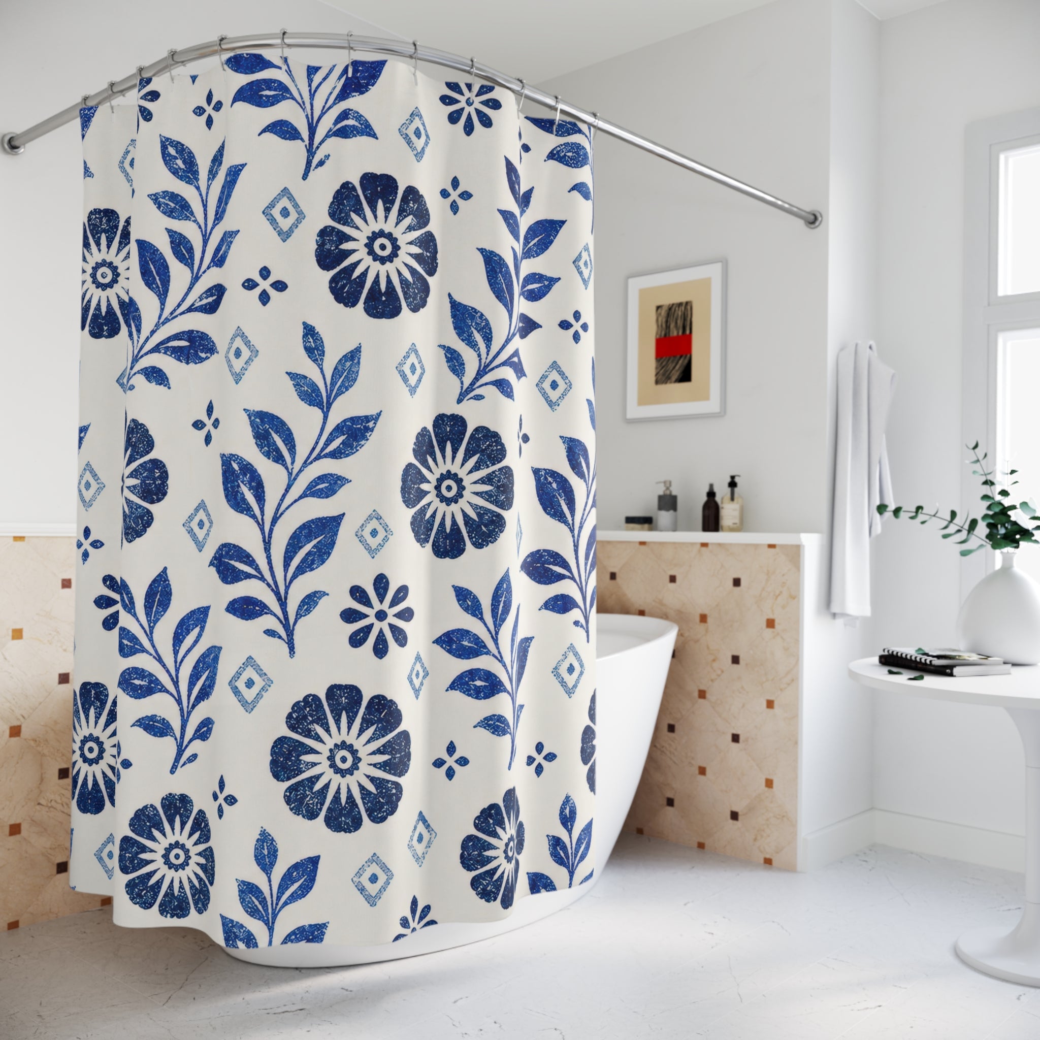 Blue Folk Floral Shower Curtain