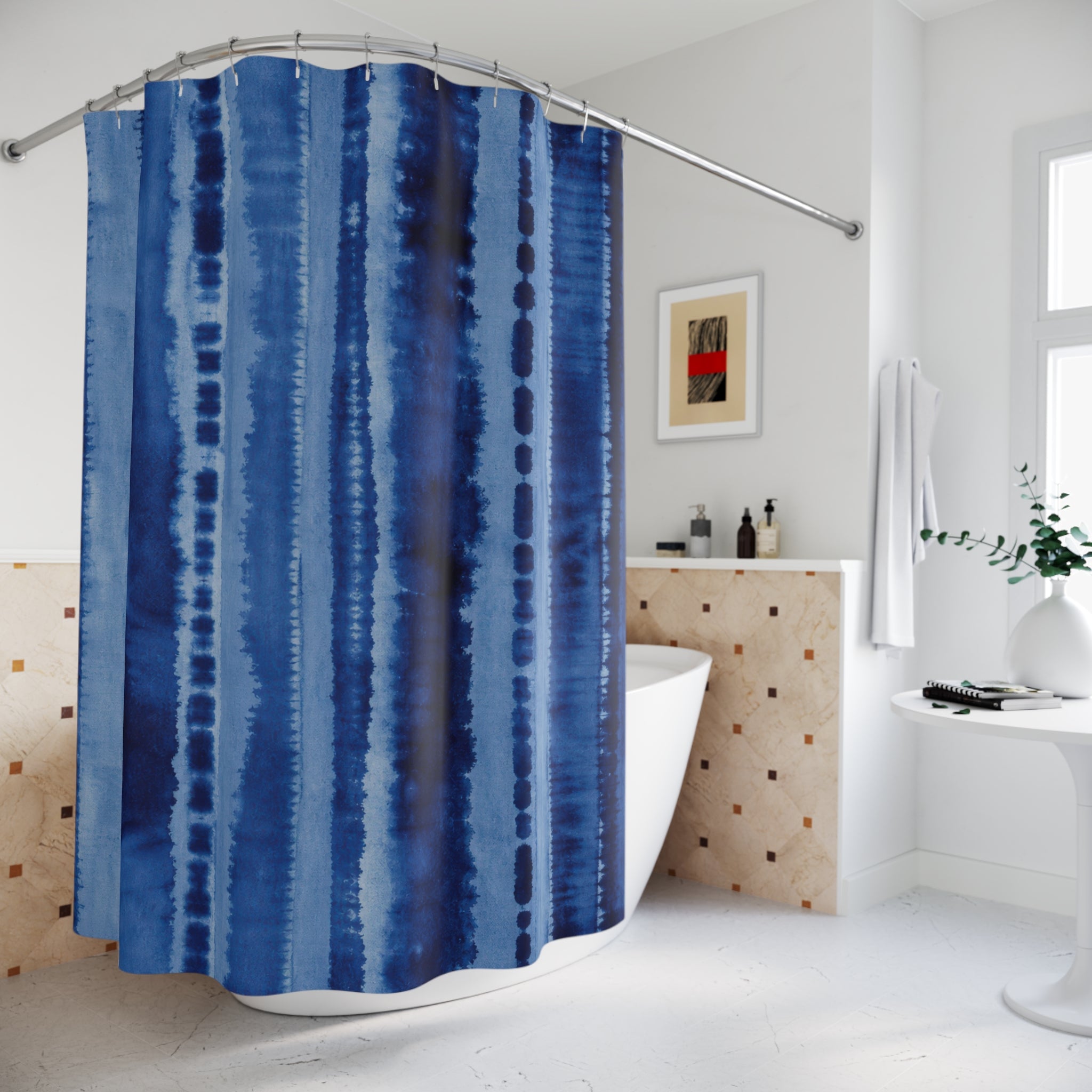 Indigo Shibori Look Watercolor Stripe Shower Curtain